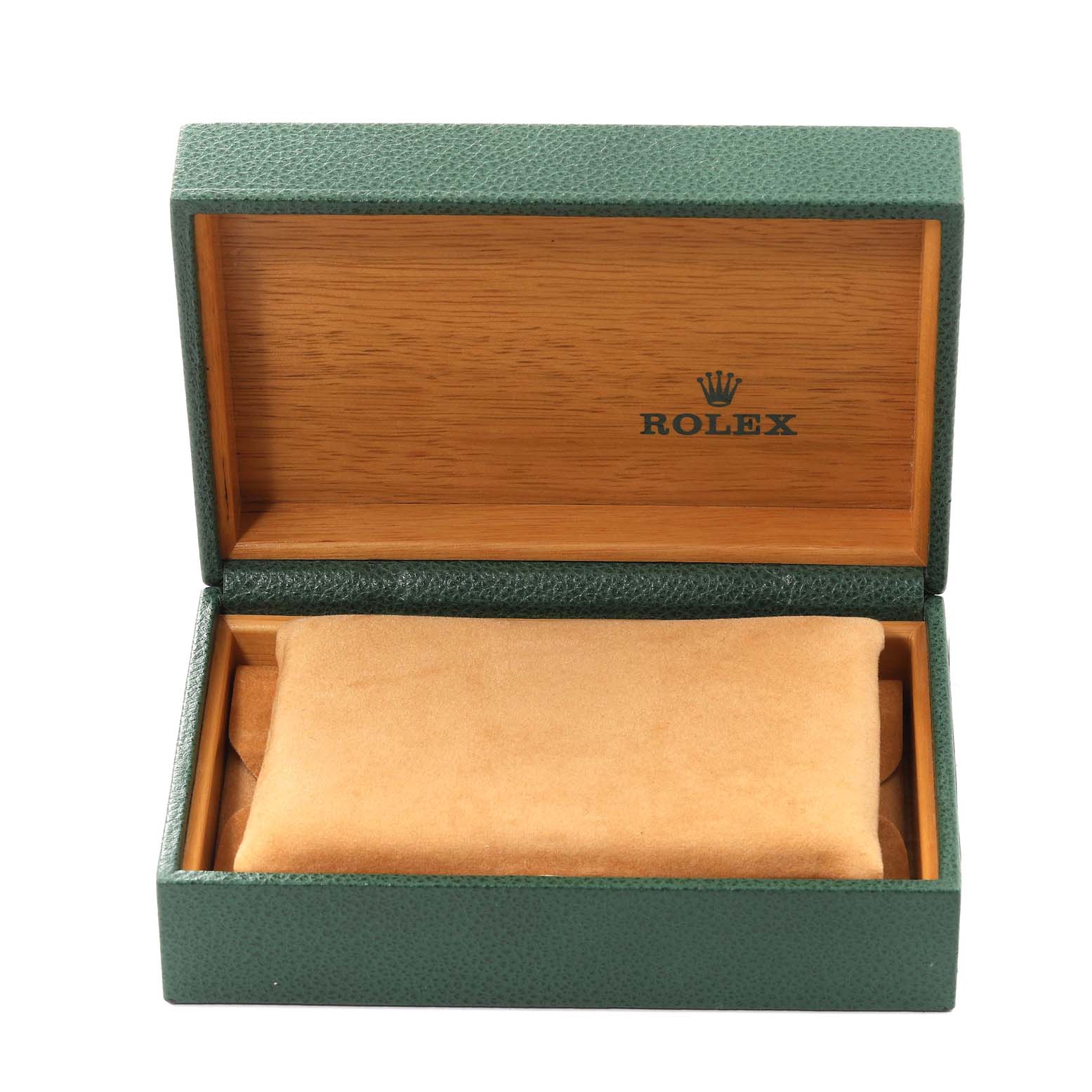 The image shows an opened green Rolex Vintage Collection 16013 Men's Steel and Gold (two tone) Champagne Dial 16013 Men's Steel and Gold (two tone) Champagne Dial watch box with a beige cushion inside.