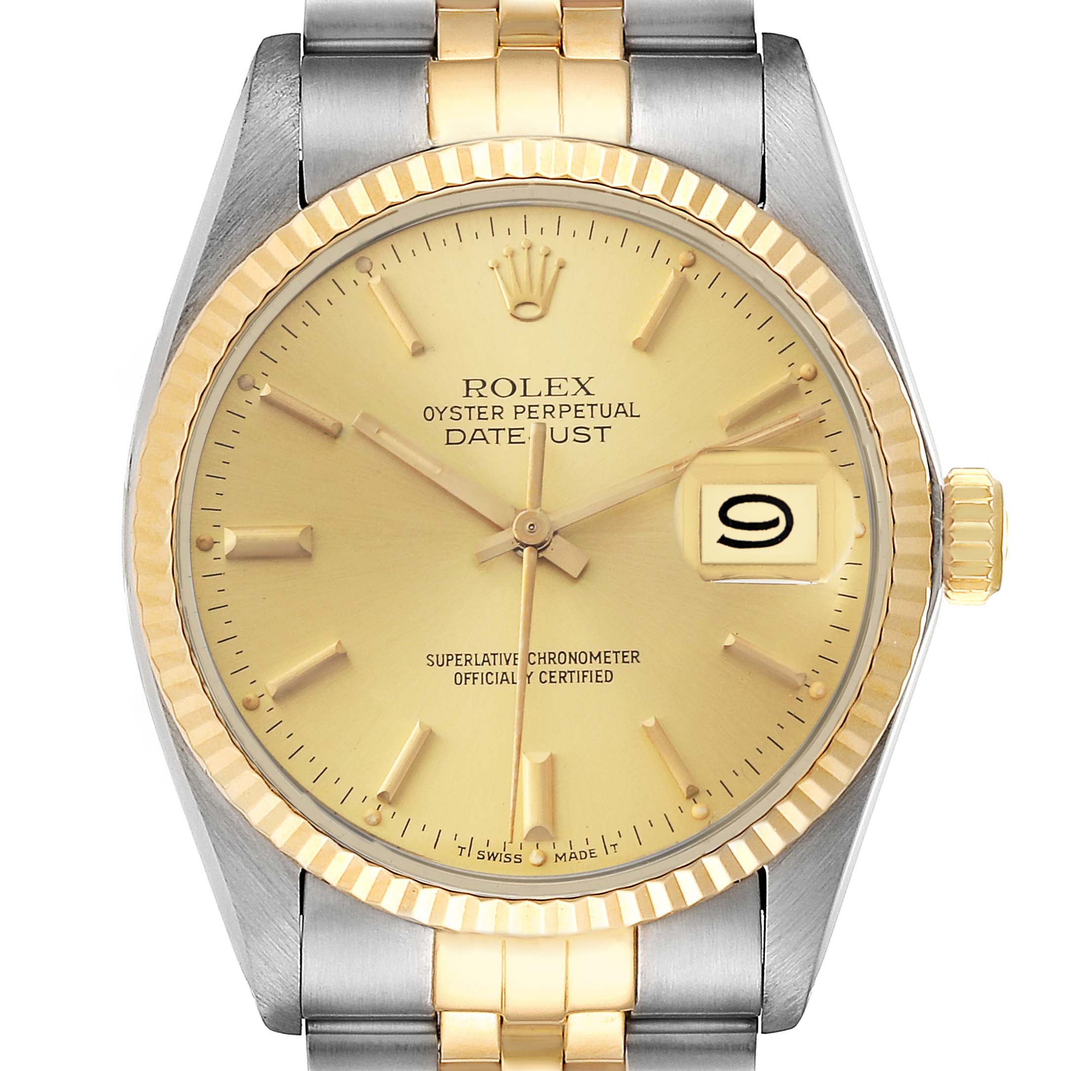 The image displays a frontal view of the Rolex Vintage Collection 16013 Men's Steel and Gold (two tone) Champagne Dial 16013 Men's Steel and Gold (two tone) Champagne Dial Oyster Perpetual Datejust watch, showing its dial, bezel, crown, and bracelet.