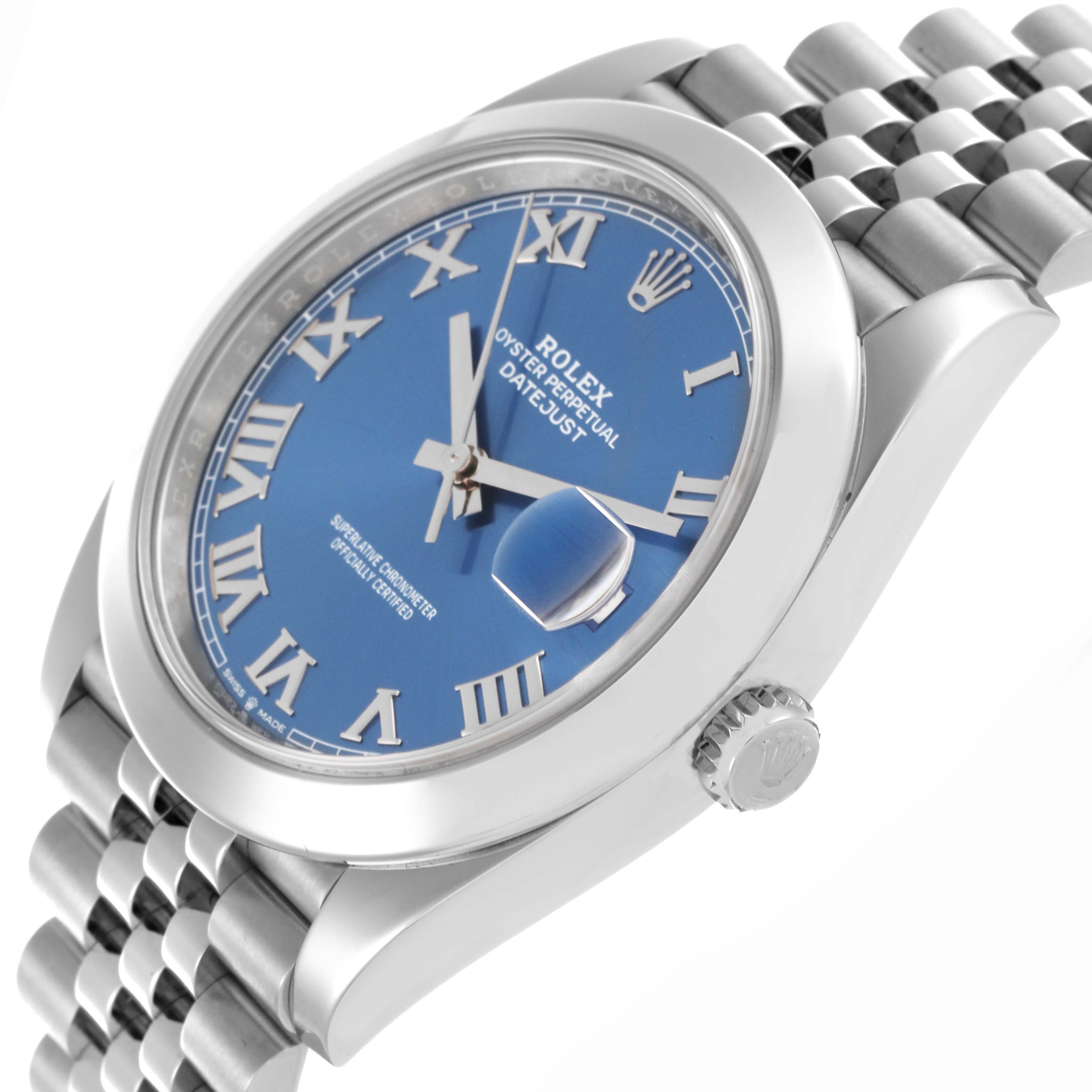 The image shows the Rolex Datejust 41 126300 Men's Stainless Steel Blue Dial 126300 Men's Stainless Steel Blue Dial watch at an angle highlighting the dial, bezel, crown, and part of the bracelet.