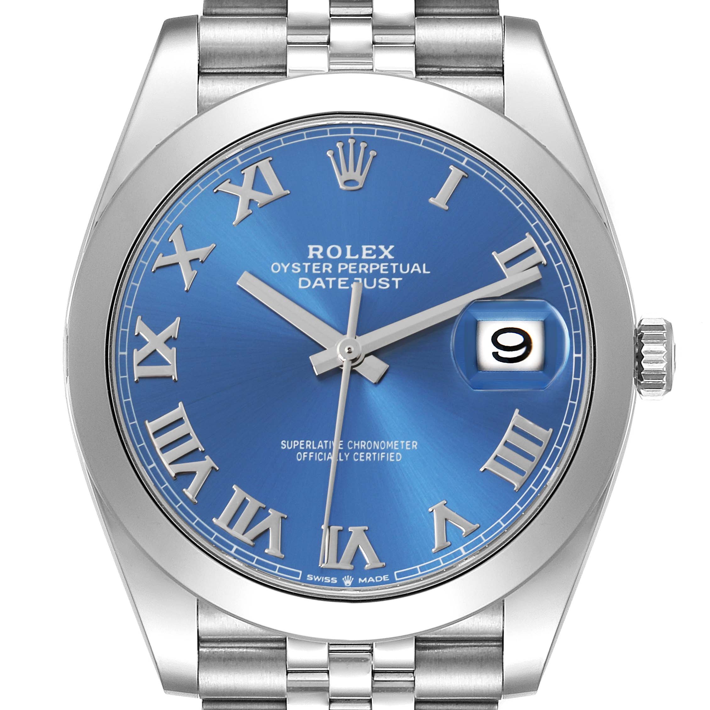The Rolex Datejust 41 126300 Men's Stainless Steel Blue Dial 126300 Men's Stainless Steel Blue Dial watch is shown from a frontal angle, highlighting the blue dial, Roman numerals, and date feature.