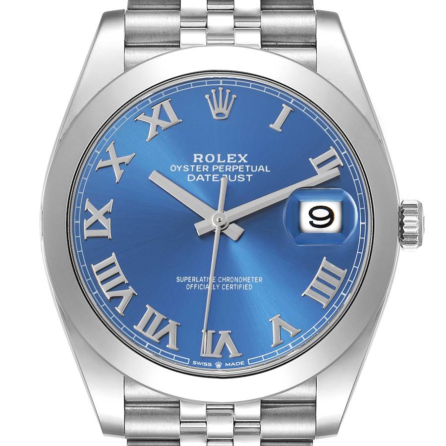 The Rolex Datejust 41 watch is shown from a frontal angle, highlighting the blue dial, Roman numerals, and date feature.