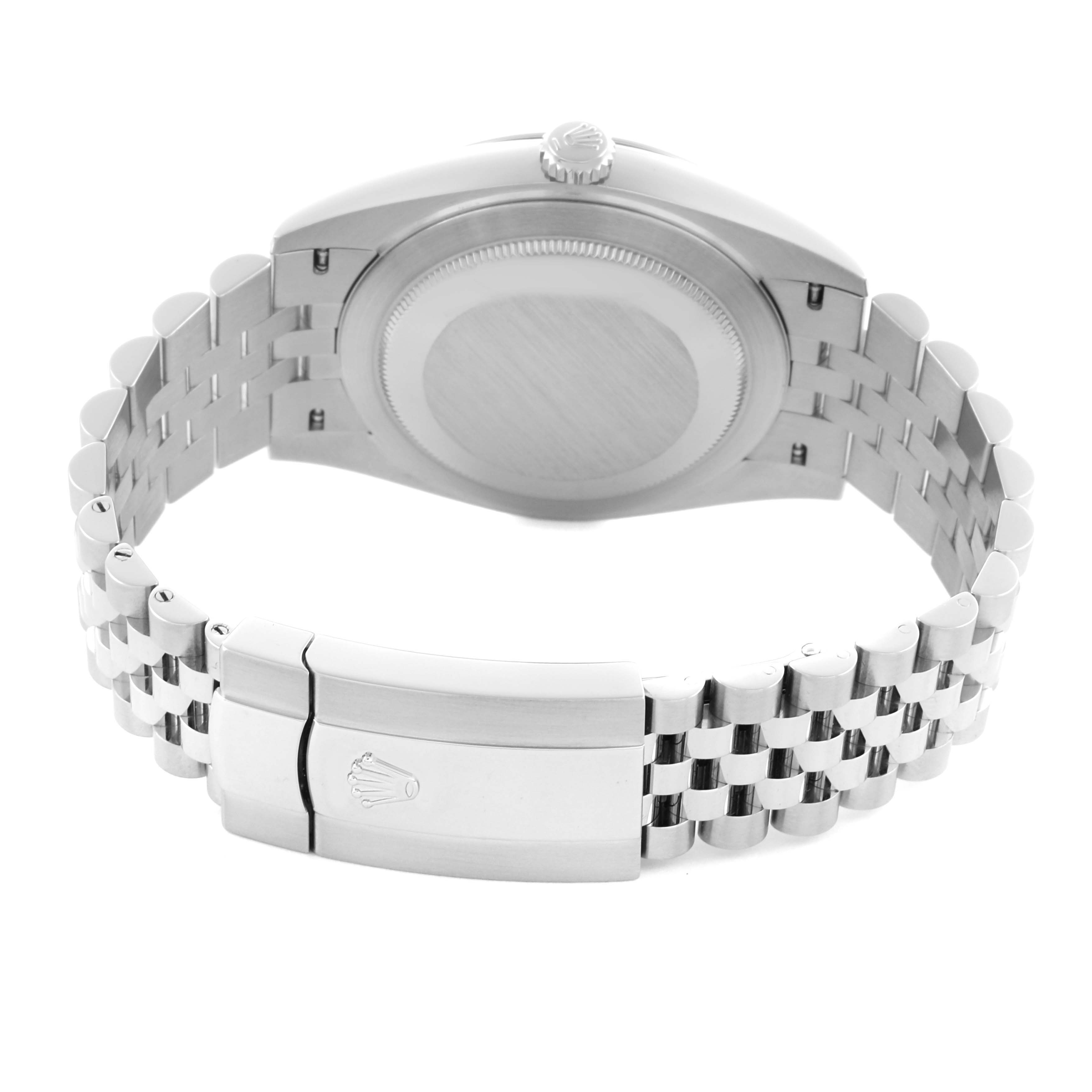 The image shows the back of a Rolex Datejust 41 126300 Men's Stainless Steel Blue Dial 126300 Men's Stainless Steel Blue Dial, focusing on the case back and Jubilee bracelet with a clasp.