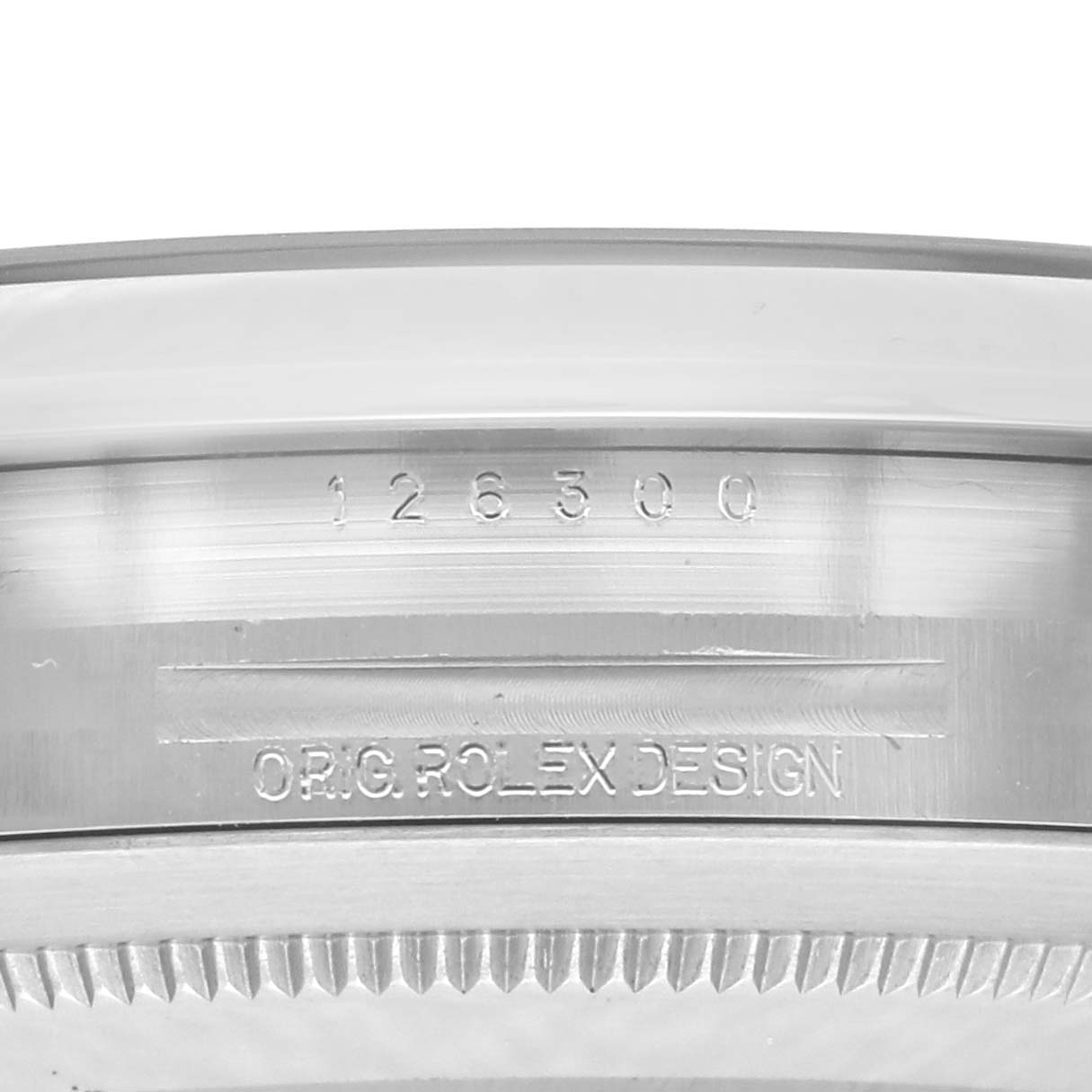 The image shows the inner side of the bezel with engravings on a Rolex Datejust 41 126300 Men's Stainless Steel Blue Dial 126300 Men's Stainless Steel Blue Dial model.