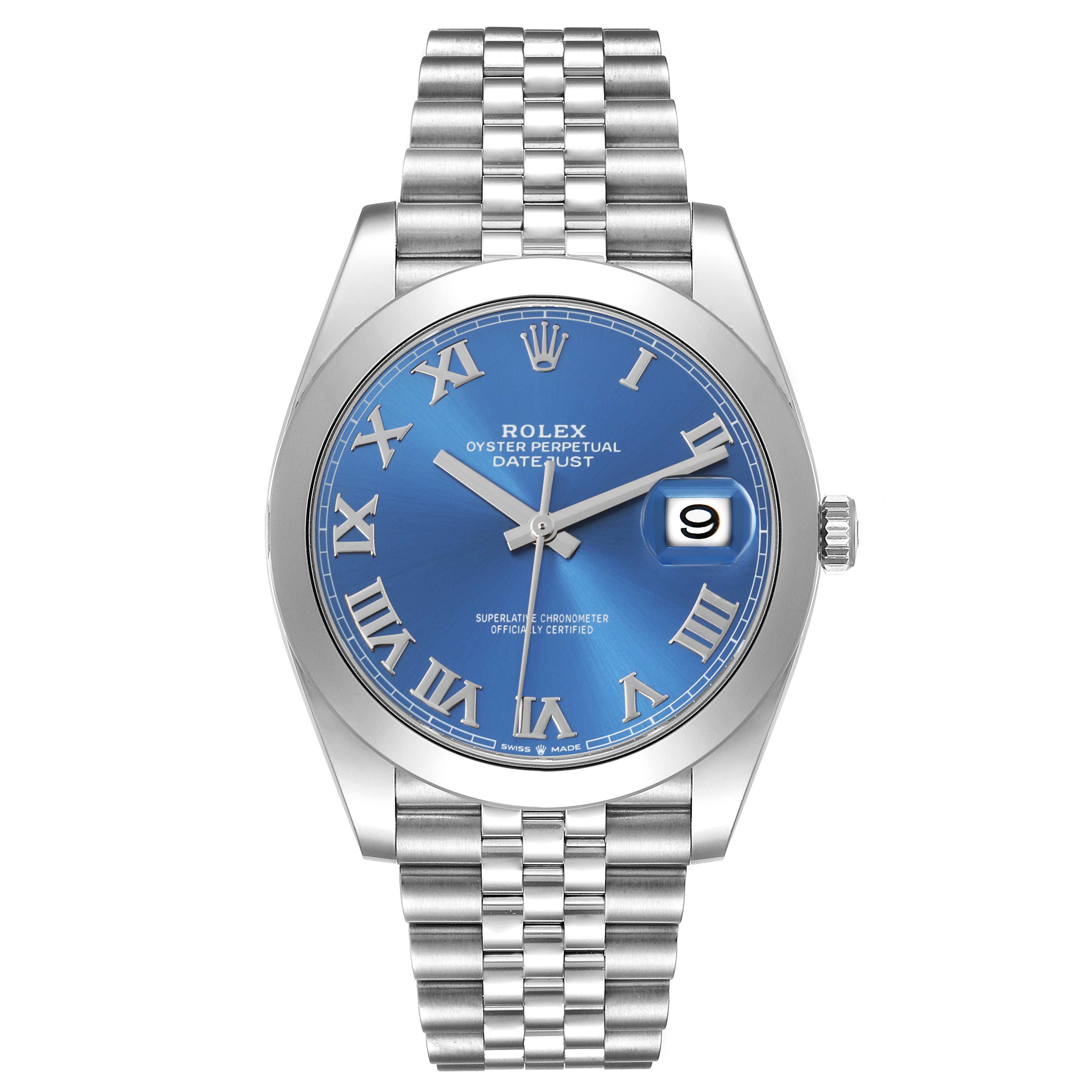 The image shows a front view of the Rolex Datejust 41 126300 Men's Stainless Steel Blue Dial 126300 Men's Stainless Steel Blue Dial, highlighting the dial, case, bezel, and bracelet.