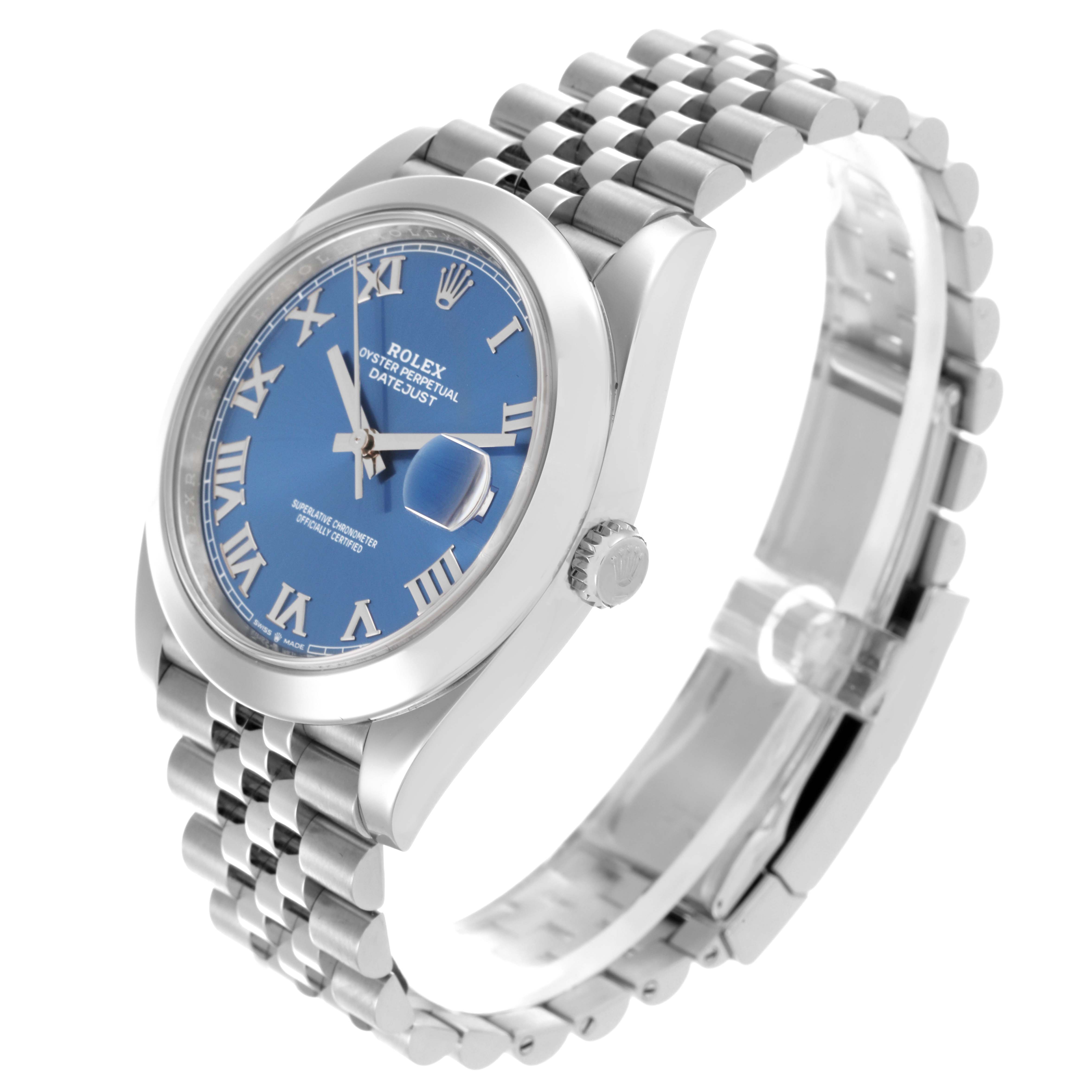 The Rolex Datejust 41 126300 Men's Stainless Steel Blue Dial 126300 Men's Stainless Steel Blue Dial watch is shown at an angled side view, featuring the blue dial, case, and Jubilee bracelet.