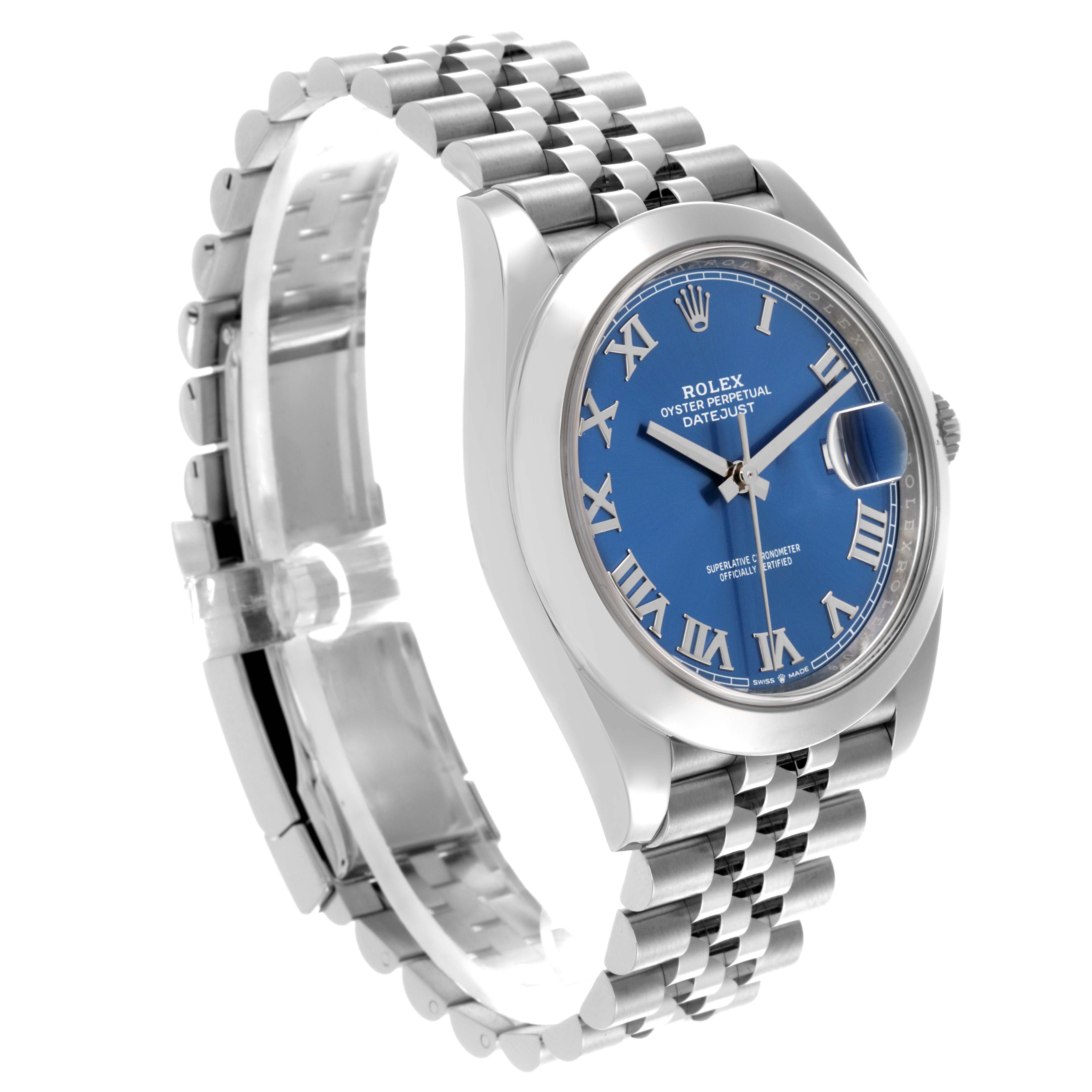 The Rolex Datejust 41 126300 Men's Stainless Steel Blue Dial 126300 Men's Stainless Steel Blue Dial is shown at an angle highlighting the blue dial, Roman numerals, and Jubilee bracelet.