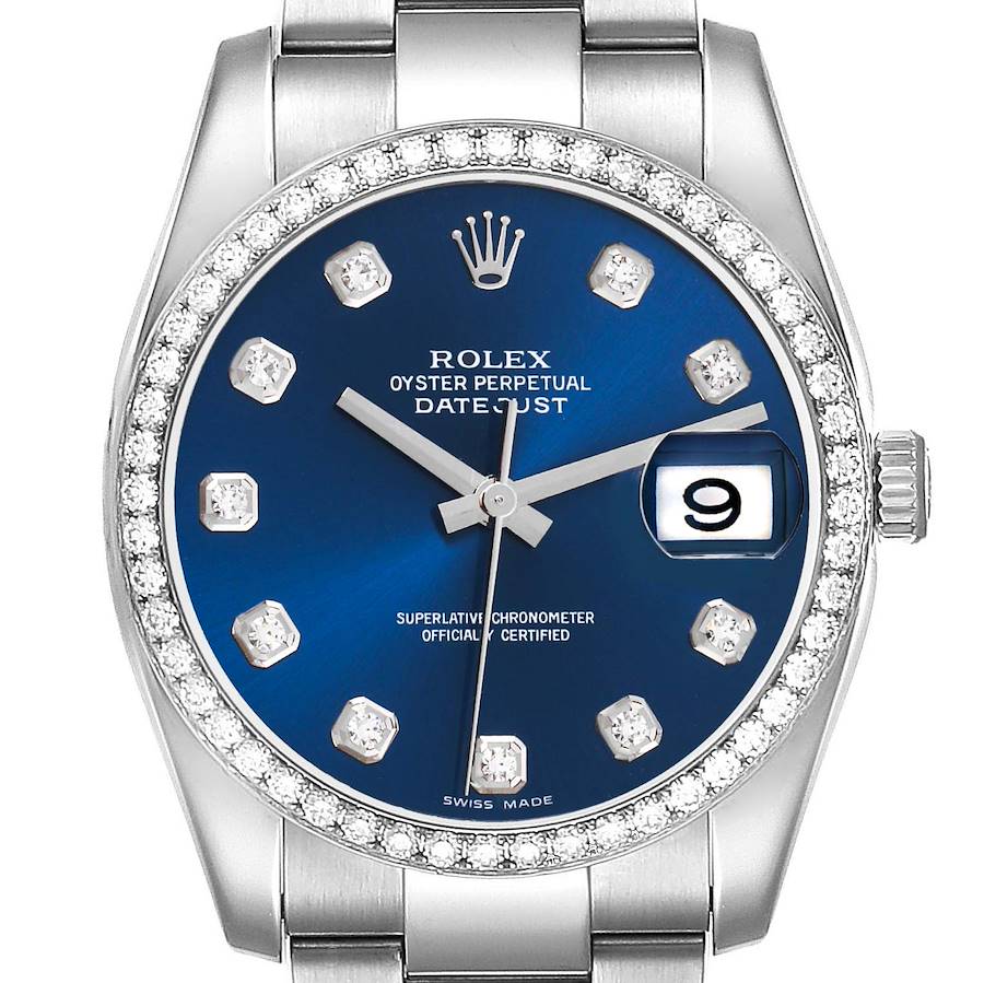 The image shows a Rolex Datejust watch from the front, displaying its blue dial, diamond indices, and bezel.