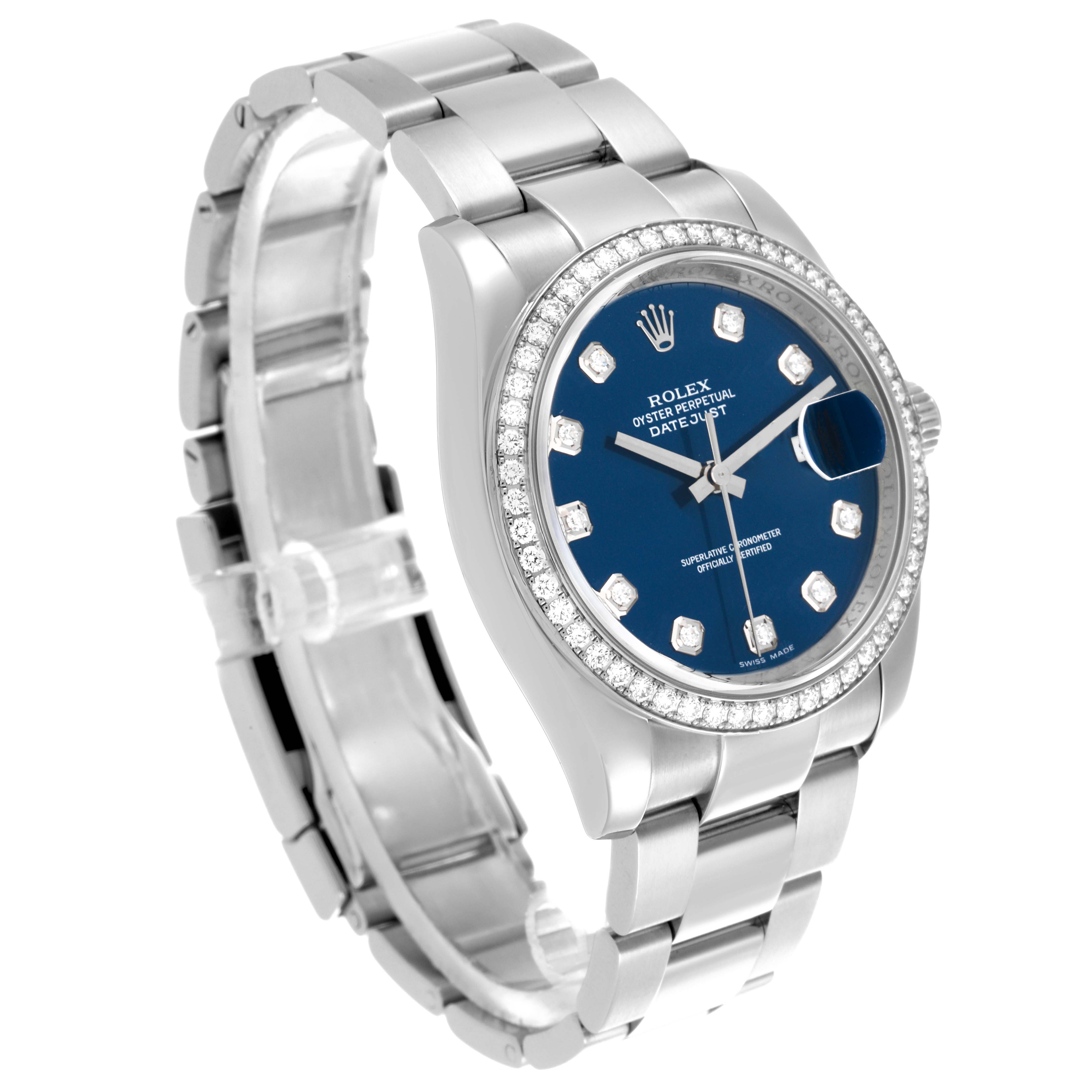 The Rolex Datejust 116244 Men's Stainless Steel Blue Dial 116244 Men's Stainless Steel Blue Dial watch is shown at a three-quarter angle, highlighting the bracelet, bezel, and dial.