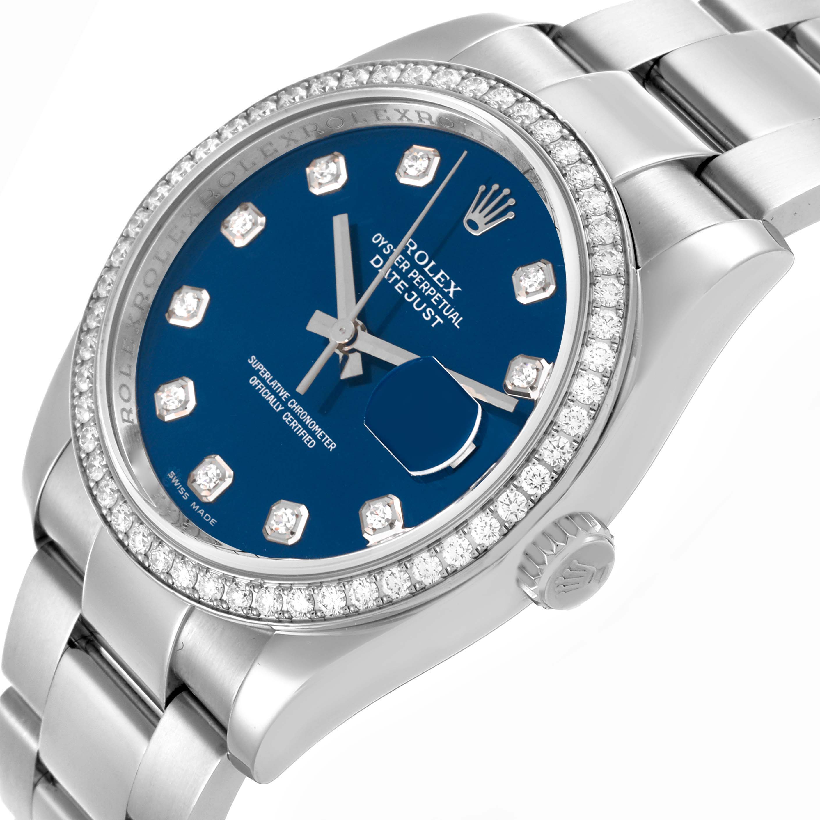 The Rolex Datejust 116244 Men's Stainless Steel Blue Dial 116244 Men's Stainless Steel Blue Dial watch is shown at an angled side view, highlighting its blue dial, diamond bezel, and stainless steel bracelet.