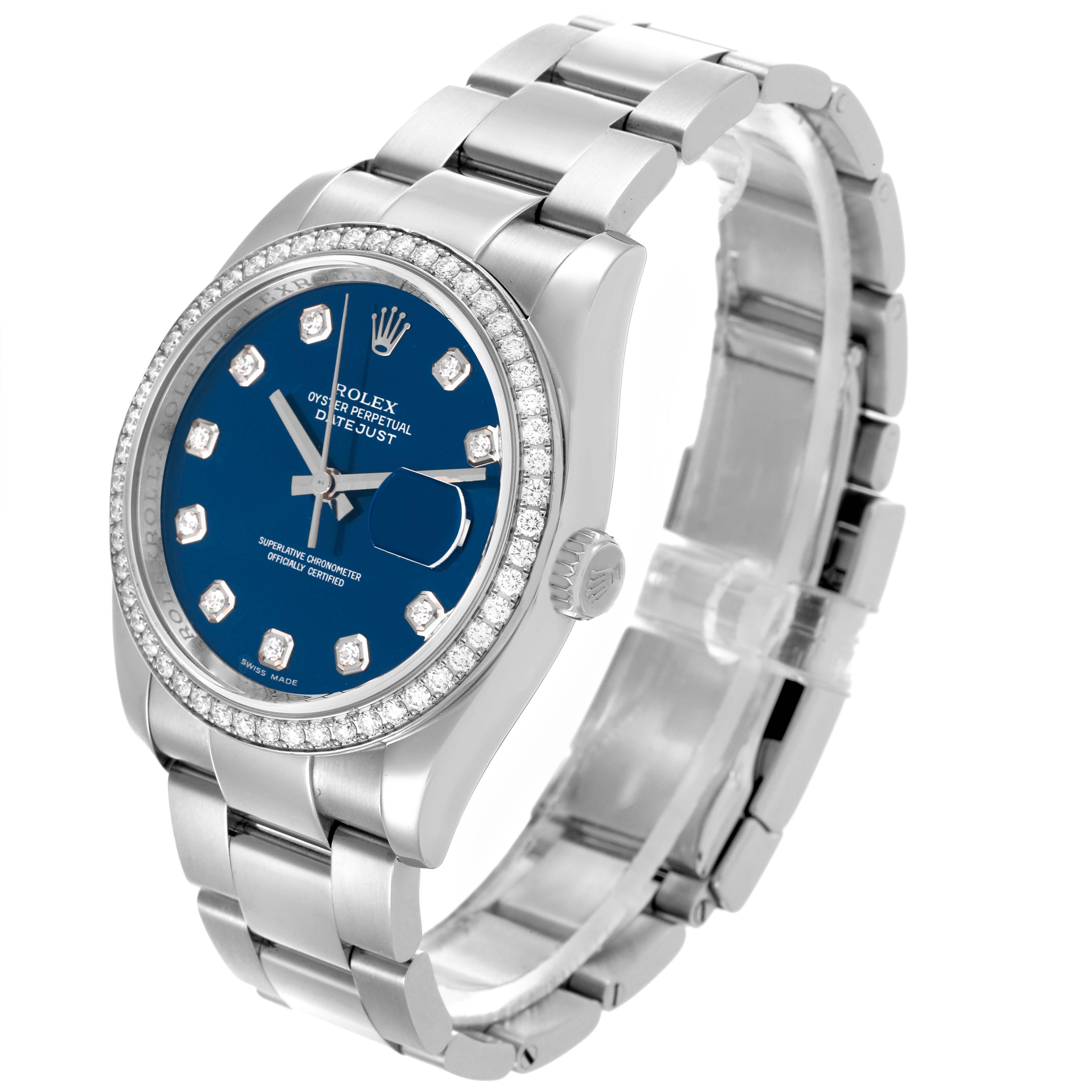 The Rolex Datejust 116244 Men's Stainless Steel Blue Dial 116244 Men's Stainless Steel Blue Dial watch is shown at an angled side view featuring the face, bezel, crown, and a portion of the bracelet.