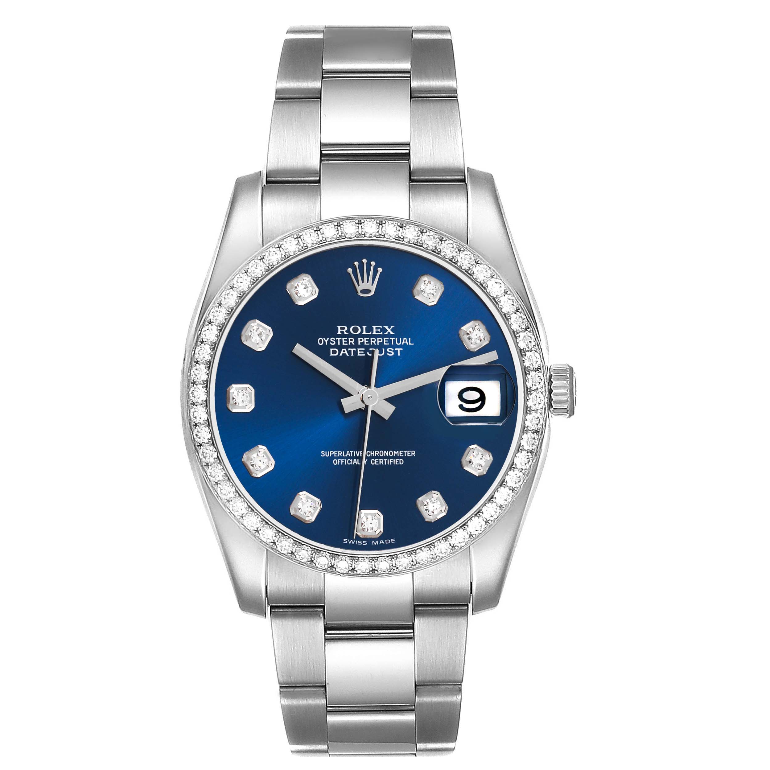 The Rolex Datejust 116244 Men's Stainless Steel Blue Dial 116244 Men's Stainless Steel Blue Dial watch is shown from a front angle, displaying its dial, bezel, and bracelet.