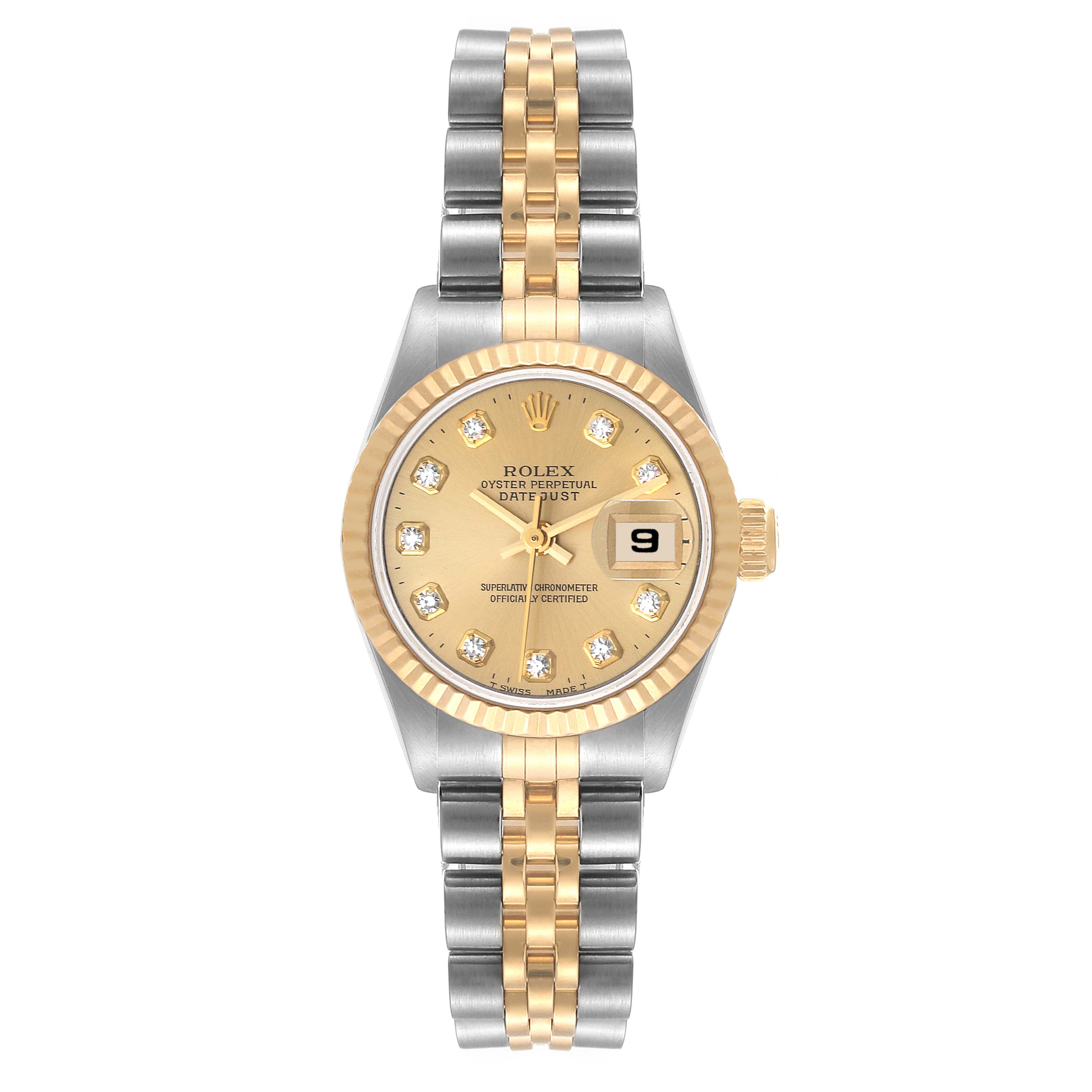 The Rolex Datejust 69173 Women's Steel and Gold (two tone) Champagne Dial 69173 Women's Steel and Gold (two tone) Champagne Dial watch is shown from a straight-on angle, featuring its face, bezel, and two-tone bracelet.