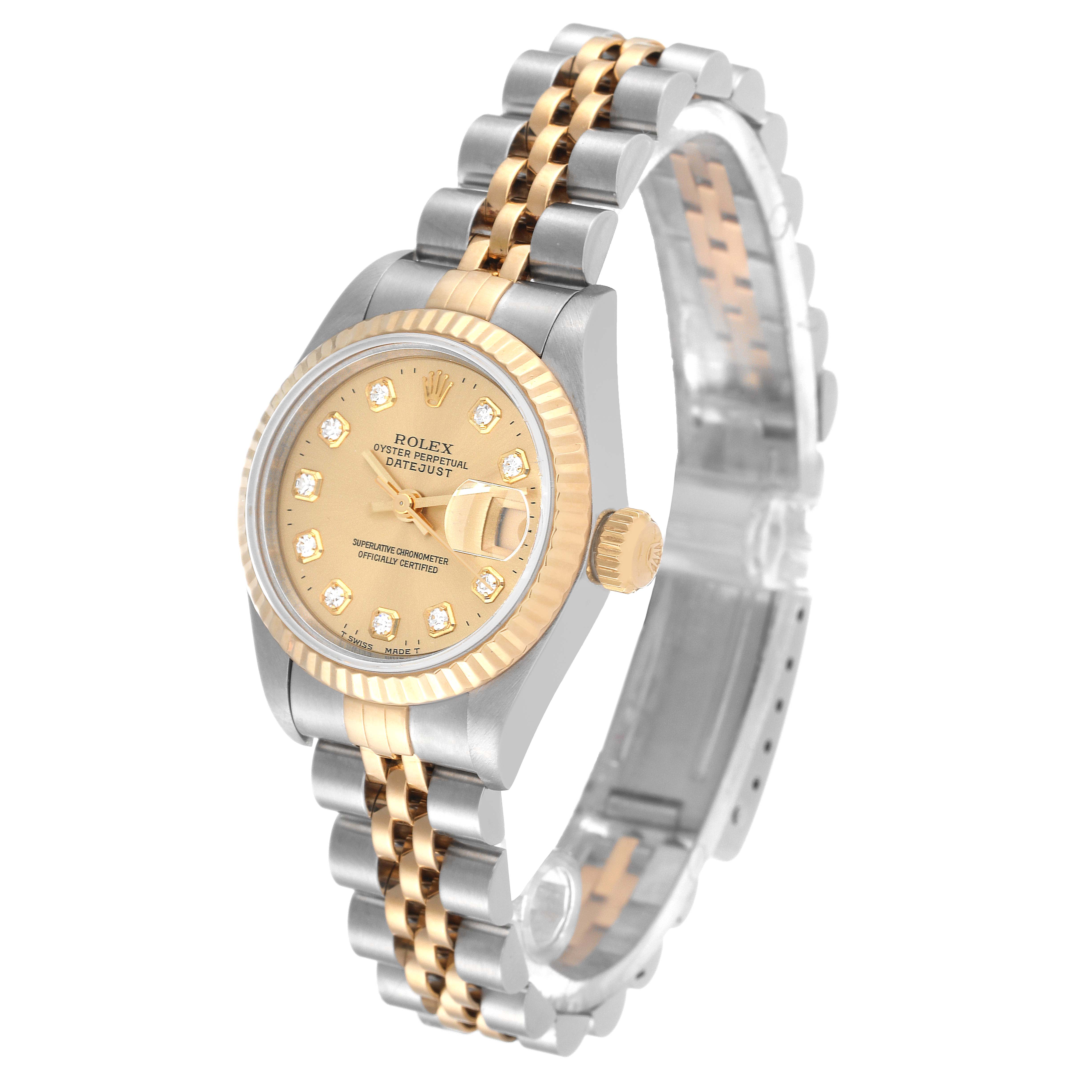 The Rolex Datejust 69173 Women's Steel and Gold (two tone) Champagne Dial 69173 Women's Steel and Gold (two tone) Champagne Dial watch is shown at an angled view displaying its face, bezel, crown, and two-tone bracelet.