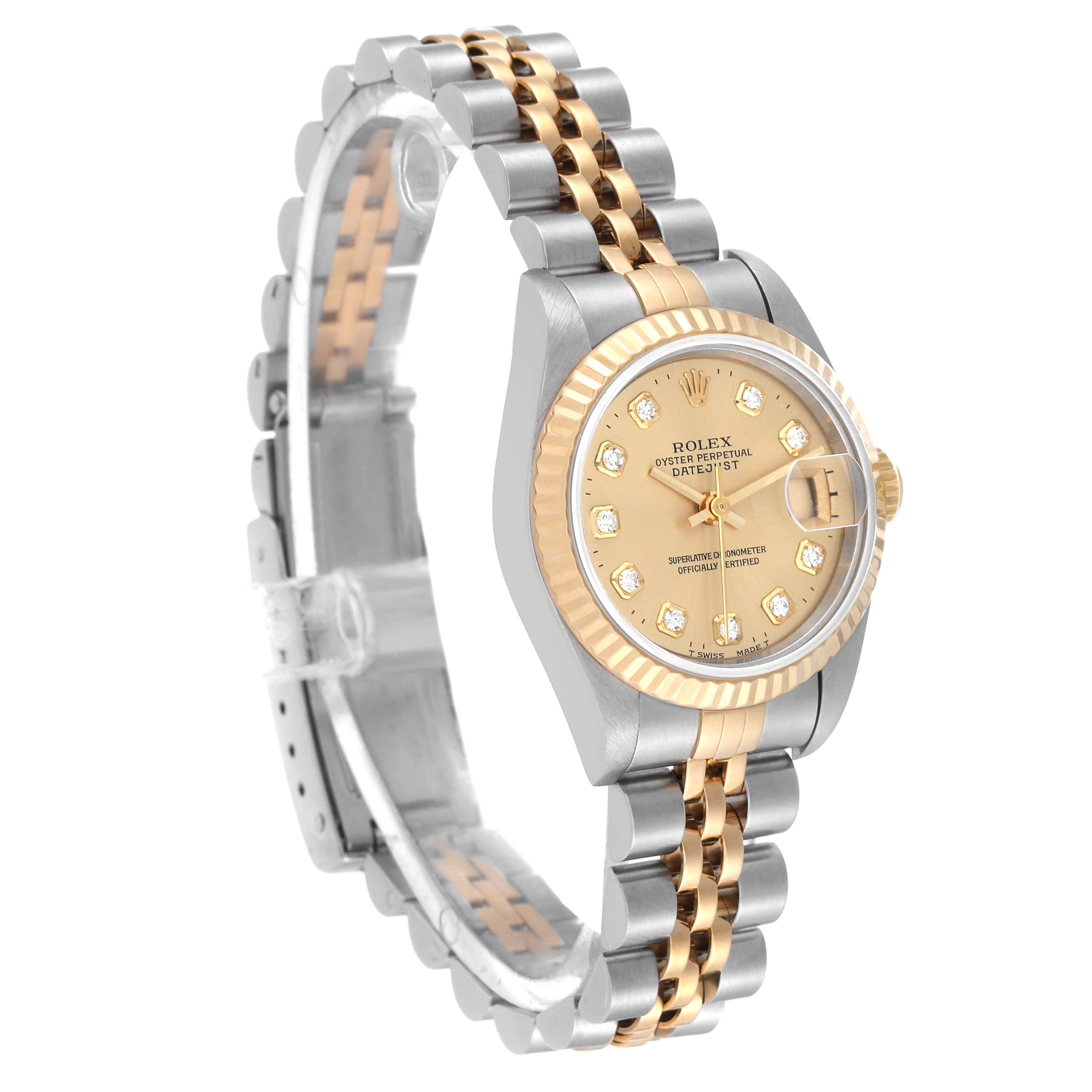 The image displays a Rolex Datejust 69173 Women's Steel and Gold (two tone) Champagne Dial 69173 Women's Steel and Gold (two tone) Champagne Dial watch at a slight angle, showing its face, bracelet, bezel, and part of the clasp.