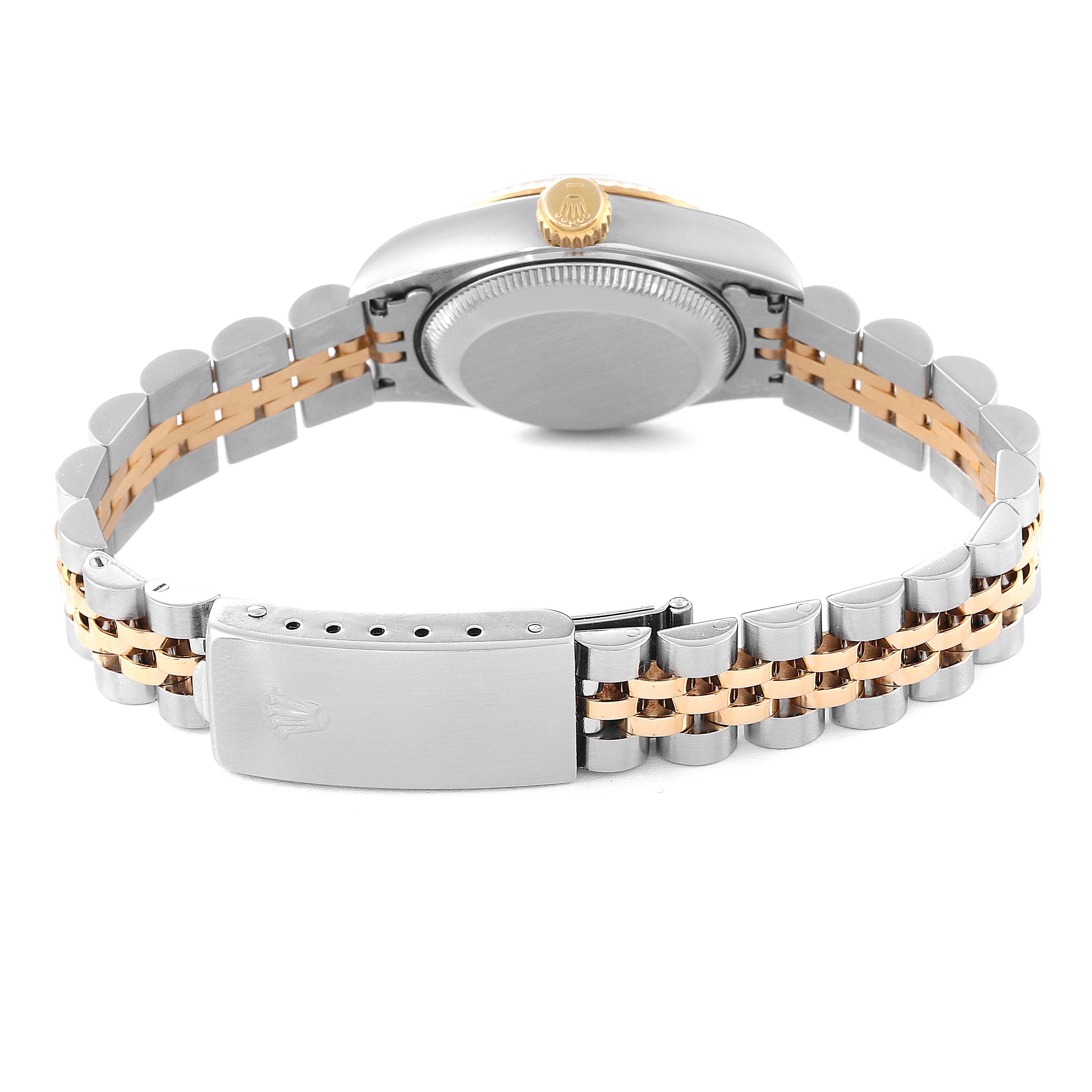 The image shows the back case and clasp of the Rolex Datejust 69173 Women's Steel and Gold (two tone) Champagne Dial 69173 Women's Steel and Gold (two tone) Champagne Dial watch, highlighting its bi-metal bracelet from a rear angle.
