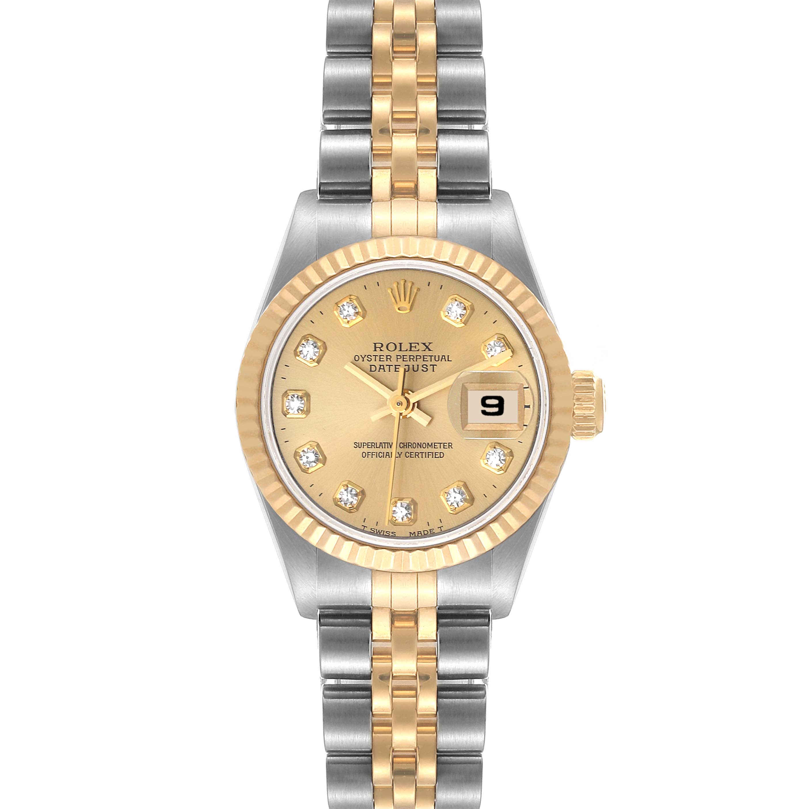 This image shows a Rolex Datejust 69173 Women's Steel and Gold (two tone) Champagne Dial 69173 Women's Steel and Gold (two tone) Champagne Dial watch from a straight-on angle, highlighting its dial, bezel, and two-tone bracelet.