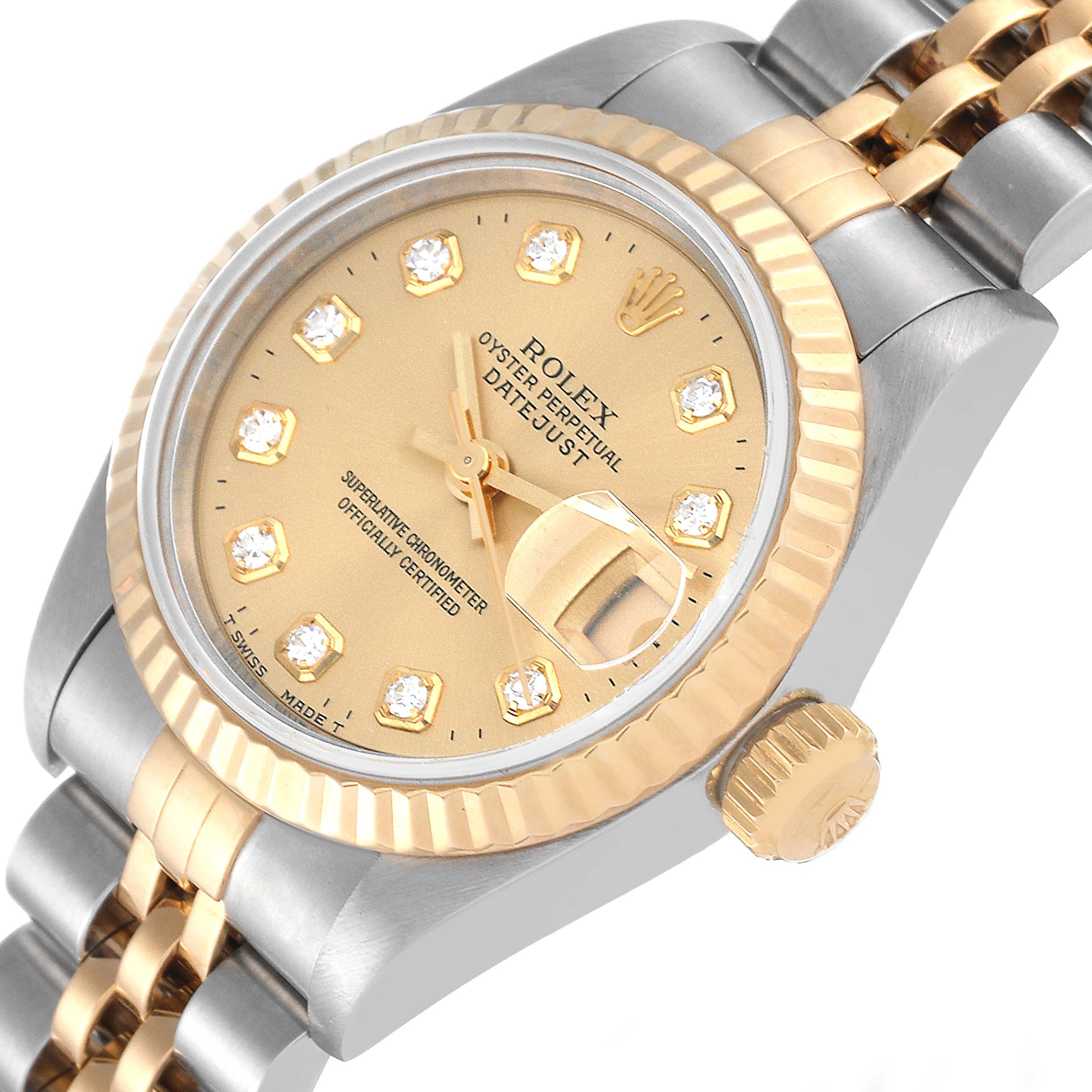 The image shows a close-up of the Rolex Datejust 69173 Women's Steel and Gold (two tone) Champagne Dial 69173 Women's Steel and Gold (two tone) Champagne Dial watch, featuring the dial, crown, and part of the bracelet at an angled view.