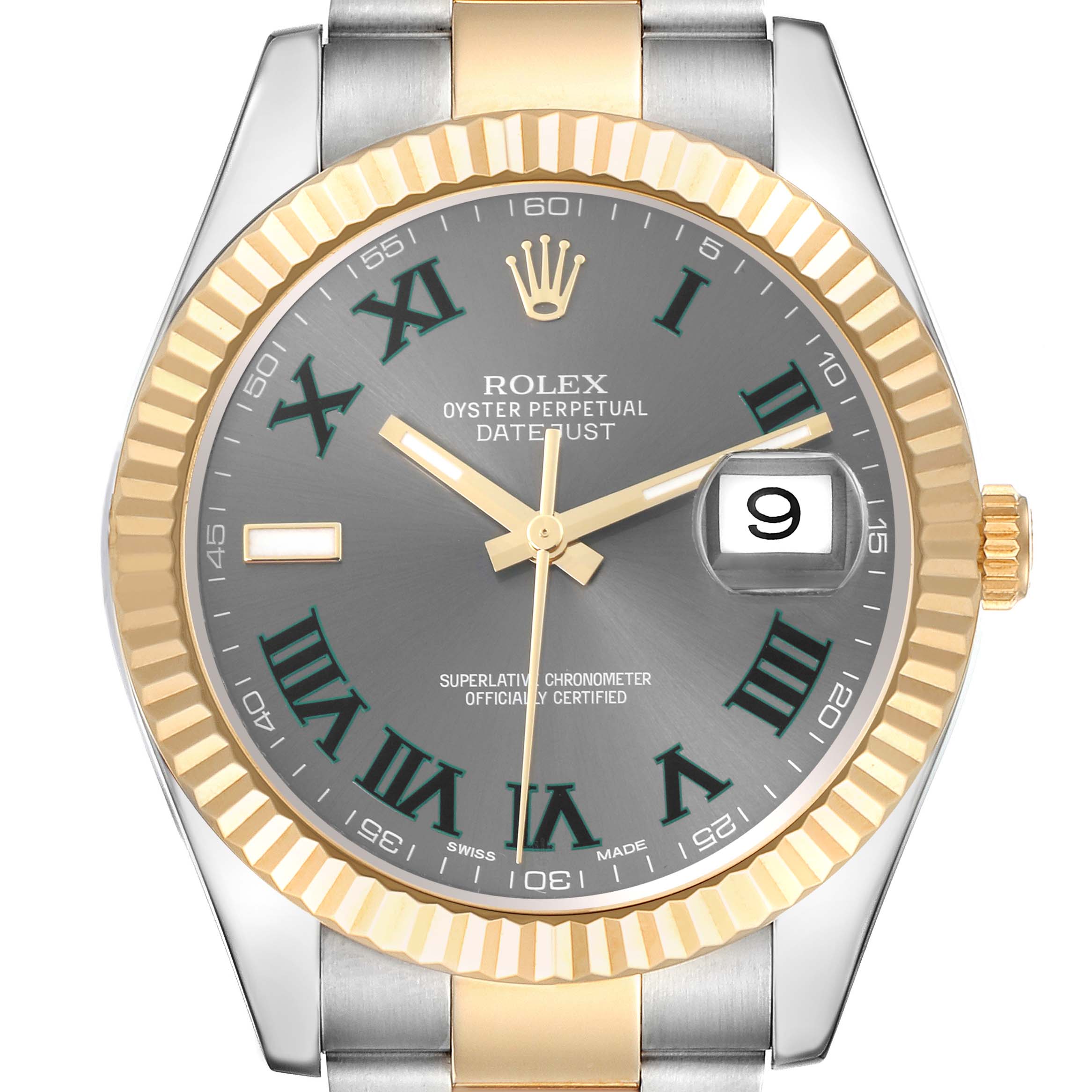 The Rolex Datejust 41 116333 Men's Steel and Gold (two tone) Grey Dial 116333 Men's Steel and Gold (two tone) Grey Dial is shown from the front, highlighting the bezel, dial, Roman numerals, and date window.
