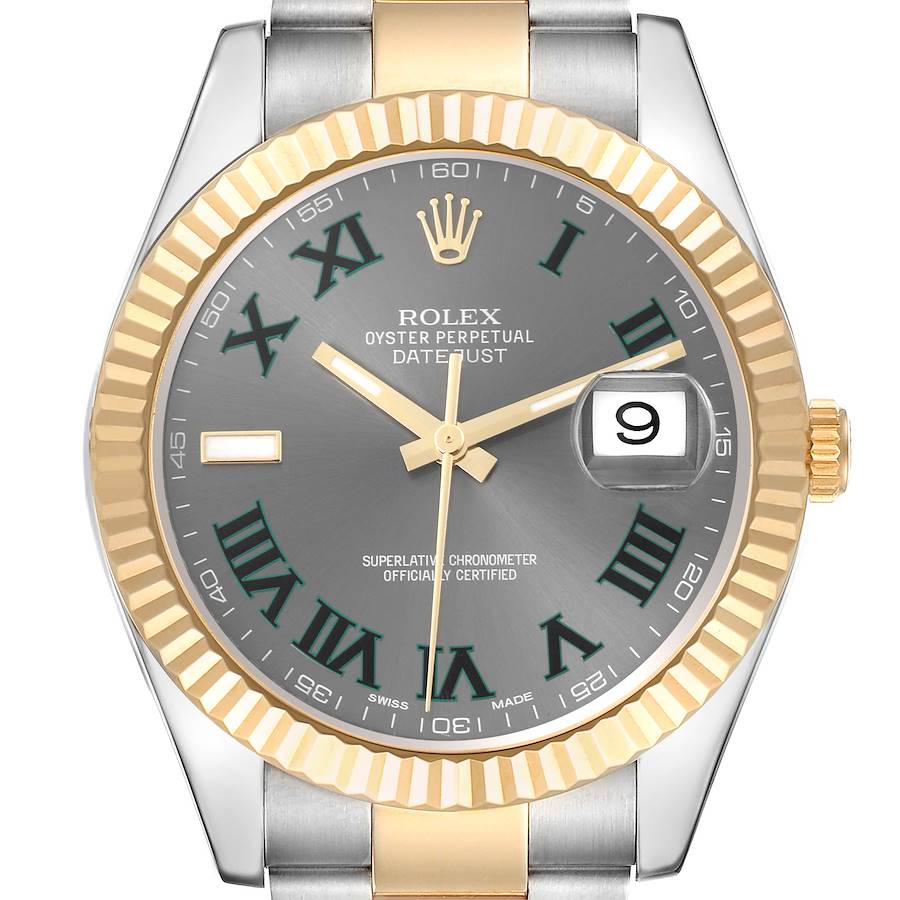 The Rolex Datejust 41 is shown from the front, highlighting the bezel, dial, Roman numerals, and date window.