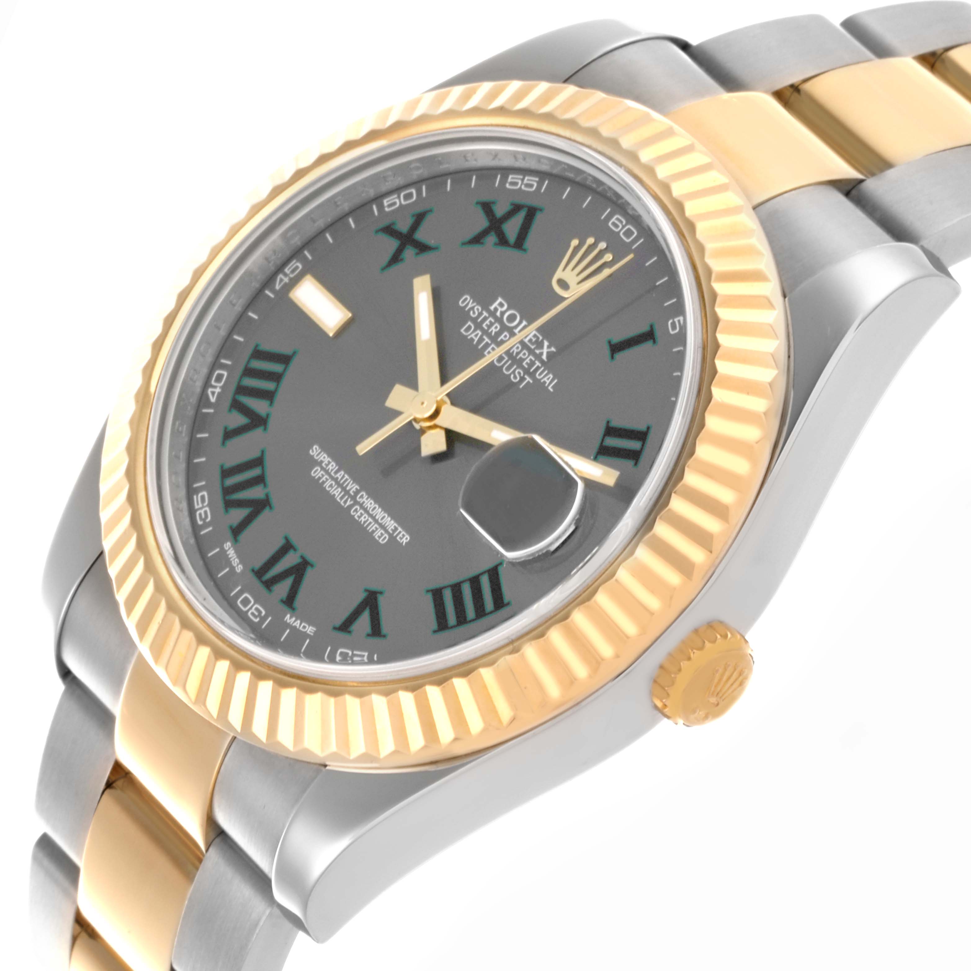 The Rolex Datejust 41 116333 Men's Steel and Gold (two tone) Grey Dial 116333 Men's Steel and Gold (two tone) Grey Dial watch is shown at an angle highlighting the dial, fluted bezel, crown, and bracelet.