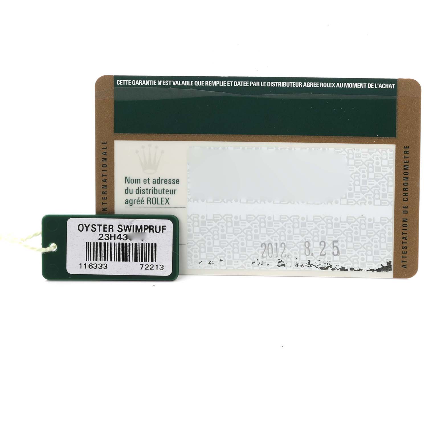 This image shows the warranty card and Oyster Swimpruf tag for the Rolex Datejust 41 116333 Men's Steel and Gold (two tone) Grey Dial 116333 Men's Steel and Gold (two tone) Grey Dial watch.