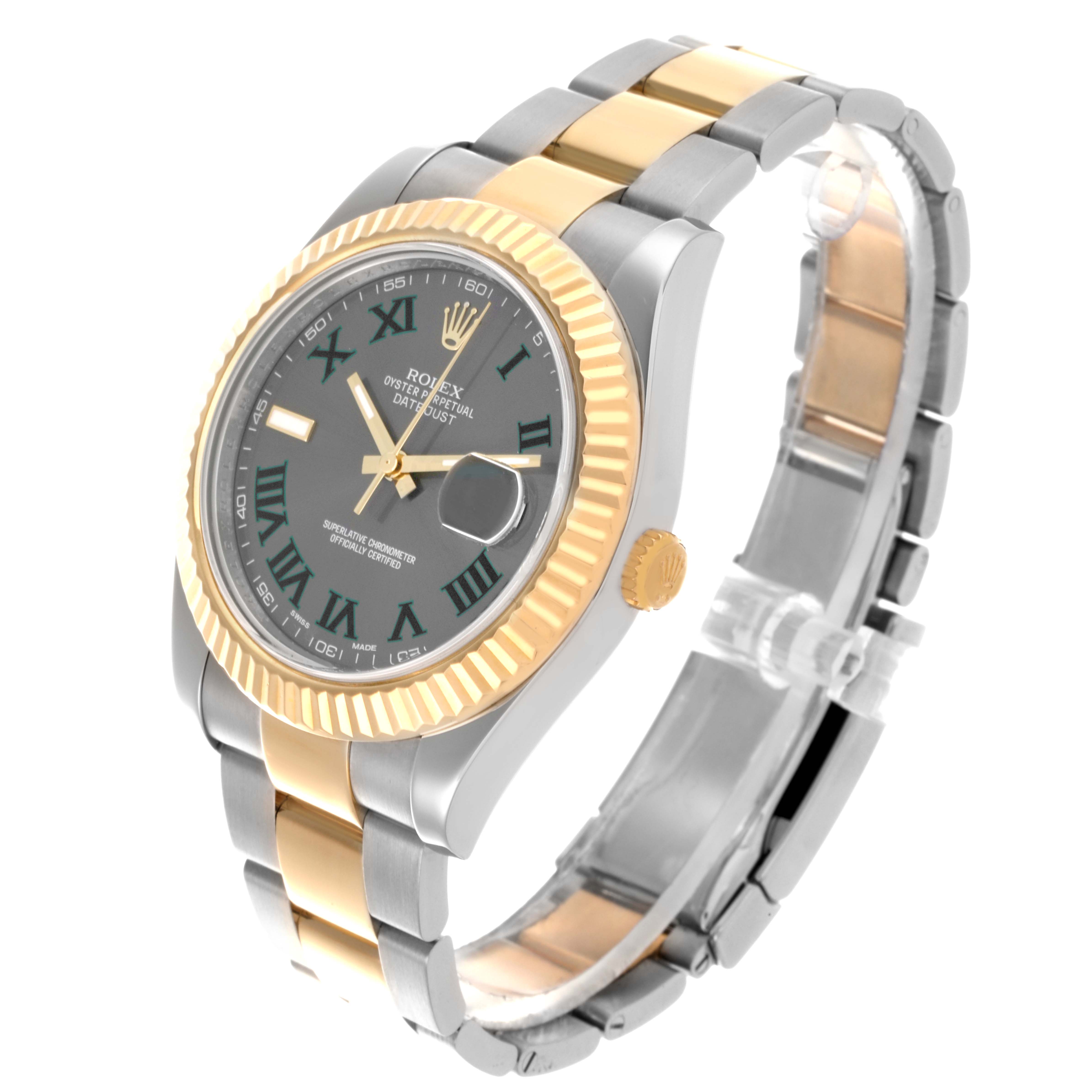 The Rolex Datejust 41 116333 Men's Steel and Gold (two tone) Grey Dial 116333 Men's Steel and Gold (two tone) Grey Dial watch is shown at a three-quarter angle, highlighting the dial, bezel, and two-tone bracelet.