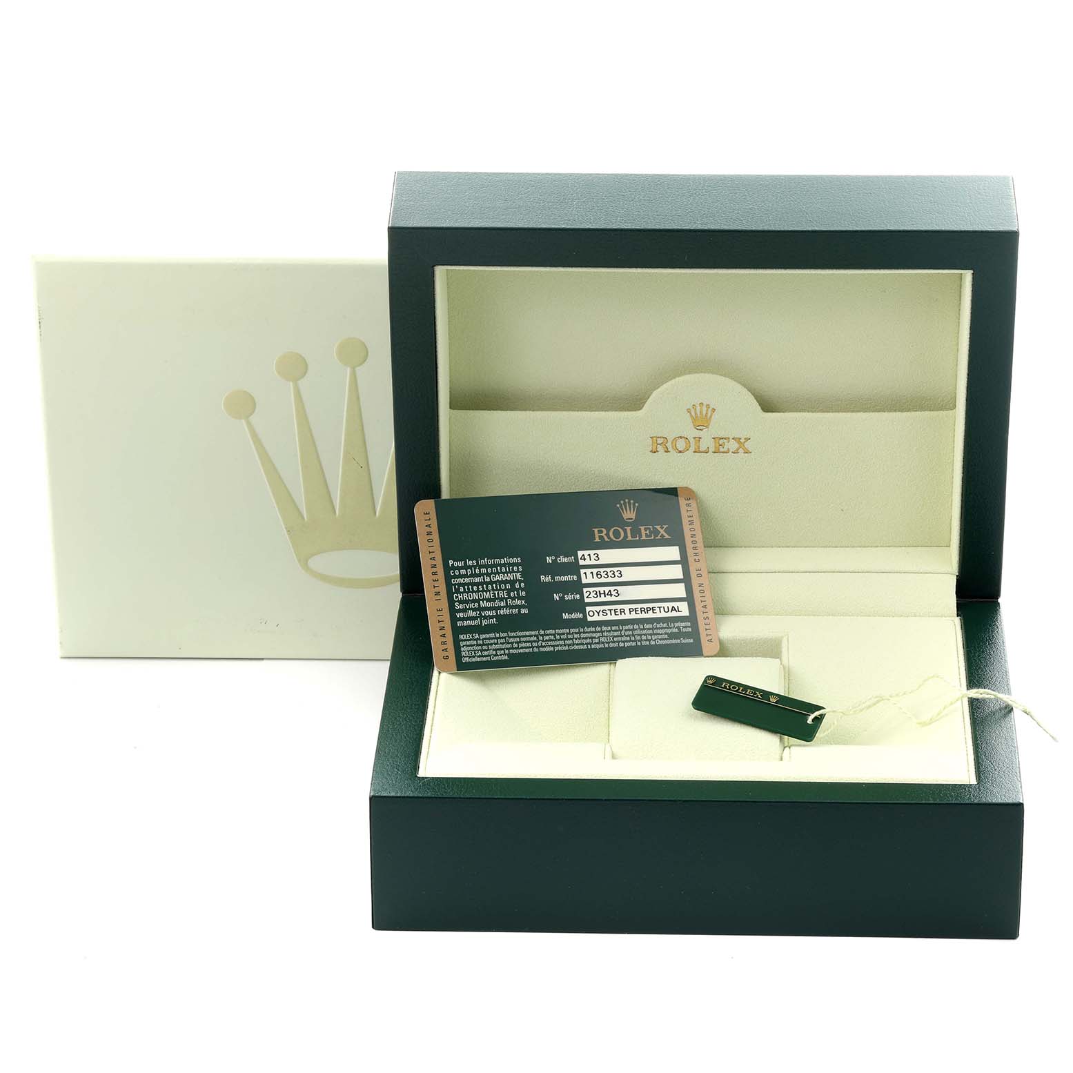 The image shows a Rolex Datejust 41 116333 Men's Steel and Gold (two tone) Grey Dial 116333 Men's Steel and Gold (two tone) Grey Dial box with a card and tag, viewed from the front.