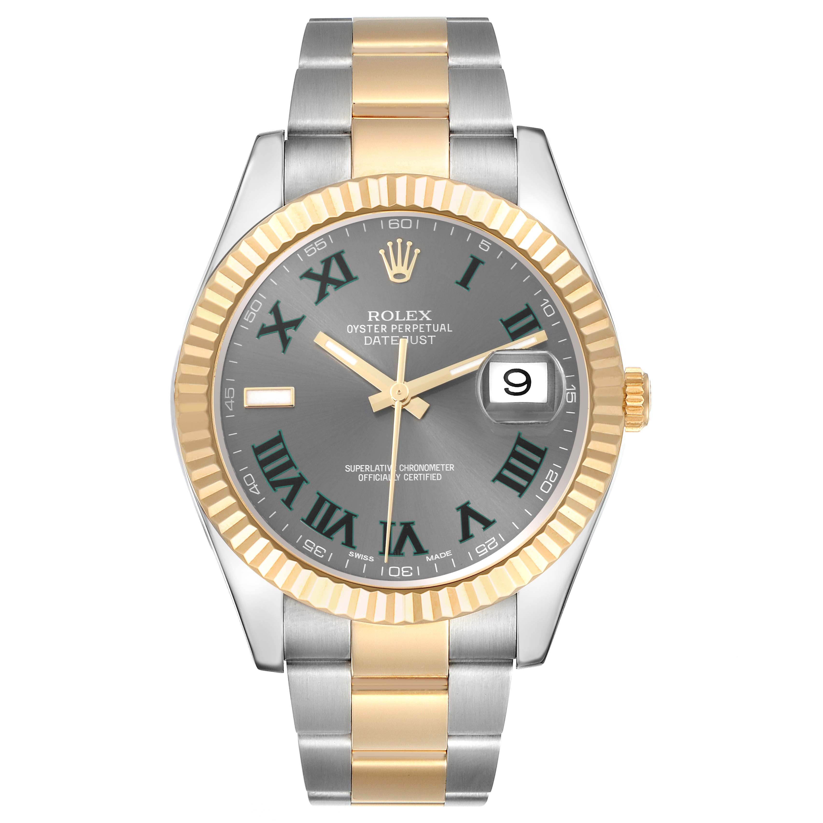 The Rolex Datejust 41 116333 Men's Steel and Gold (two tone) Grey Dial 116333 Men's Steel and Gold (two tone) Grey Dial is shown from the front, displaying the watch face, fluted bezel, and two-tone bracelet.