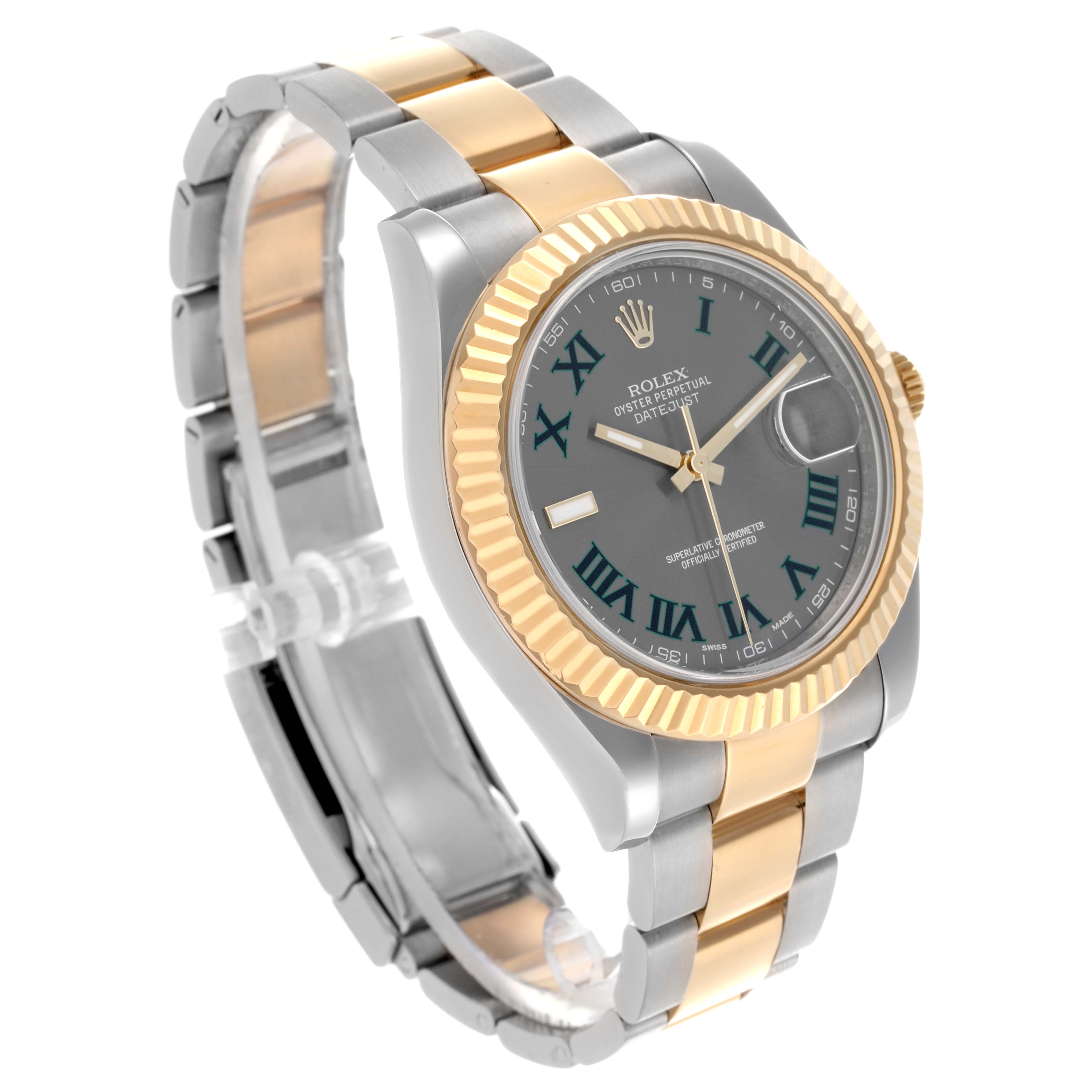 The Rolex Datejust 41 116333 Men's Steel and Gold (two tone) Grey Dial 116333 Men's Steel and Gold (two tone) Grey Dial watch is shown from a side angle, displaying the dial, bezel, case, and bracelet.