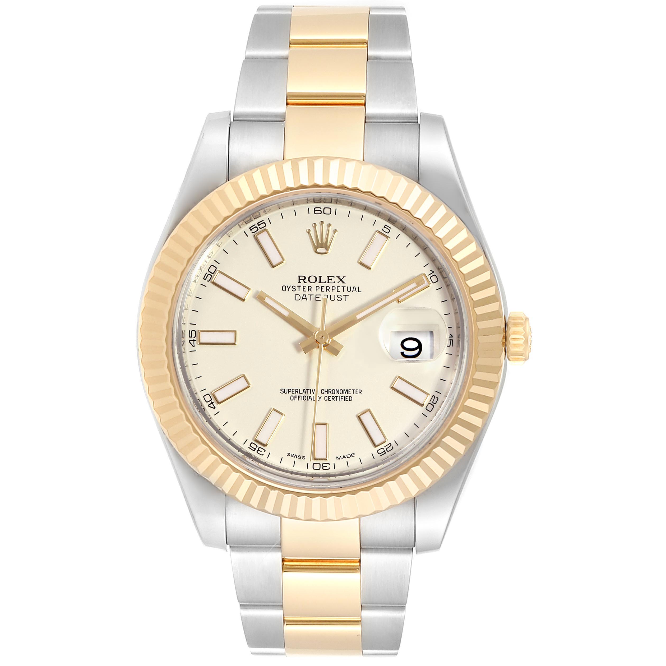 The Rolex Datejust 41 116333 Men's Steel and Gold (two tone) Silver Dial 116333 Men's Steel and Gold (two tone) Silver Dial watch is shown from the front, displaying its dial, bezel, crown, and bracelet.