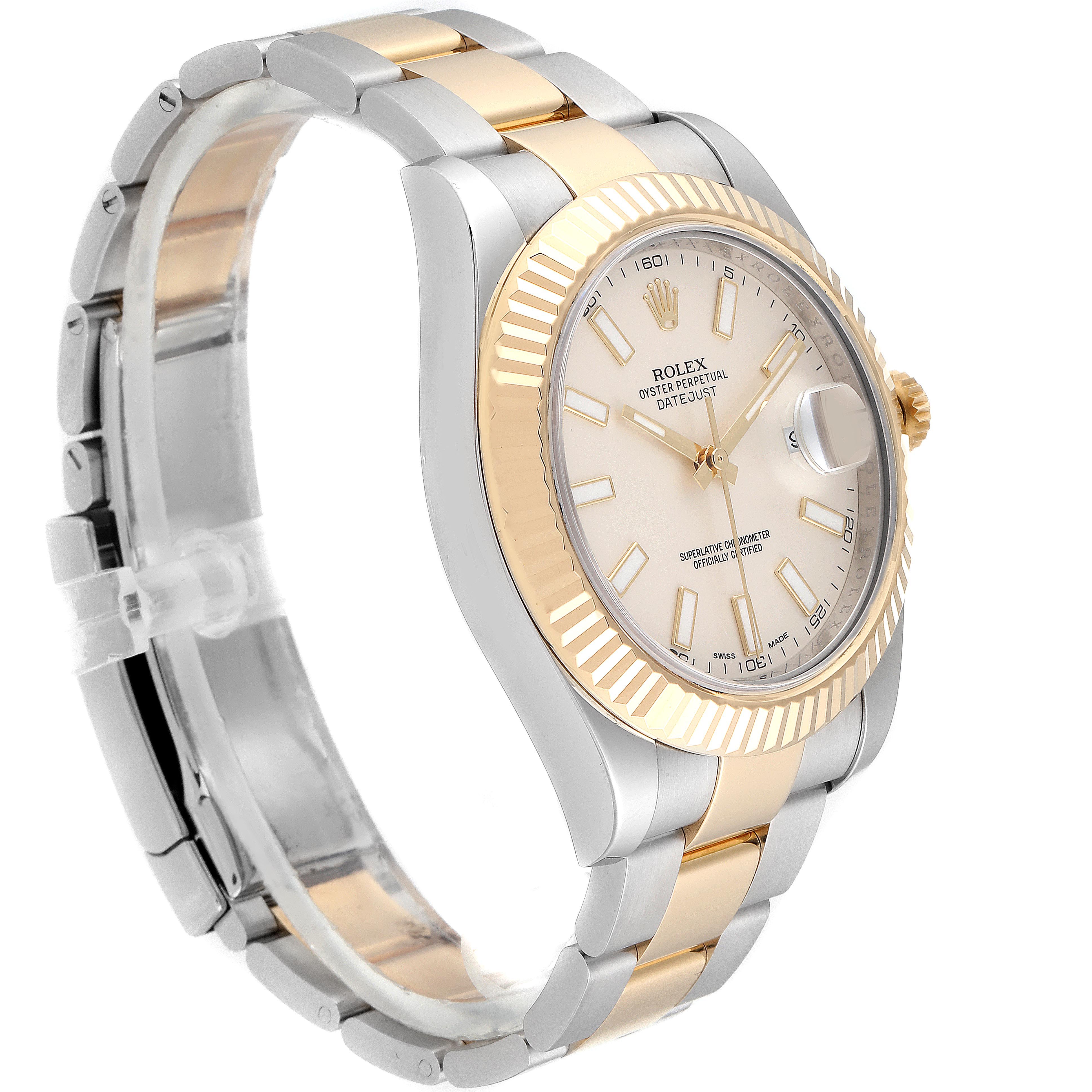 This Rolex Datejust 41 116333 Men's Steel and Gold (two tone) Silver Dial 116333 Men's Steel and Gold (two tone) Silver Dial model watch is shown from an angled side view, highlighting its two-tone bracelet, fluted bezel, and dial.