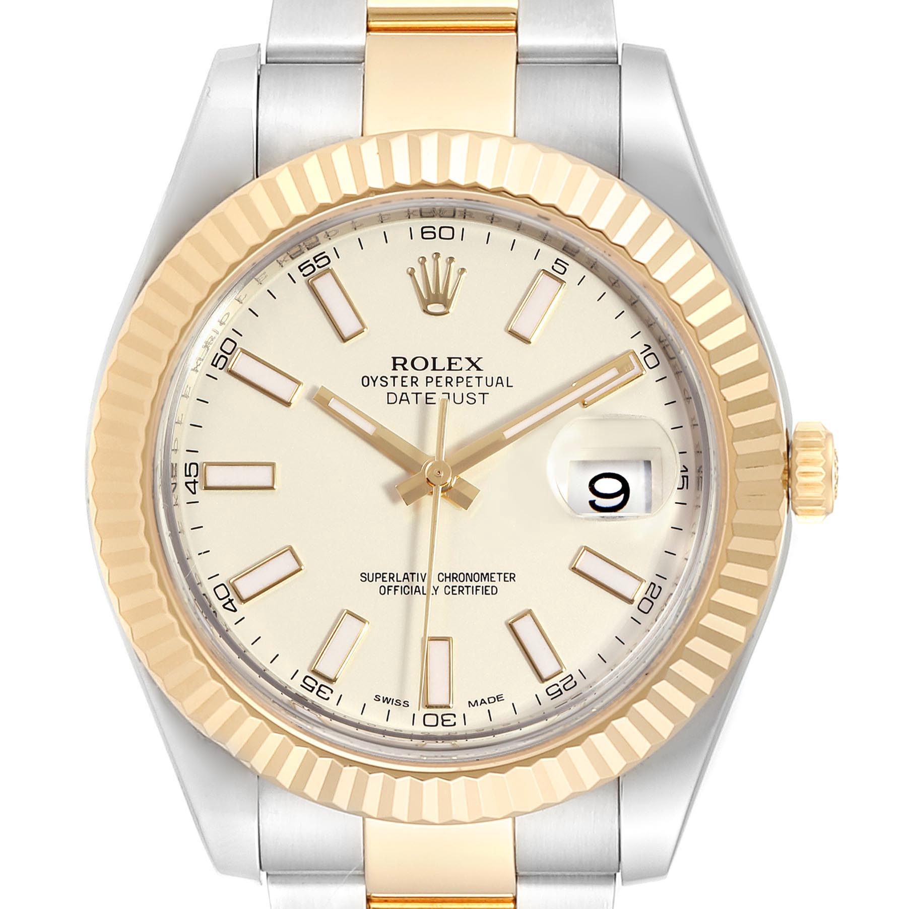 The image shows a front view of the Rolex Datejust 41 116333 Men's Steel and Gold (two tone) Silver Dial 116333 Men's Steel and Gold (two tone) Silver Dial watch, displaying the face, dial, bezel, and a portion of the bracelet.