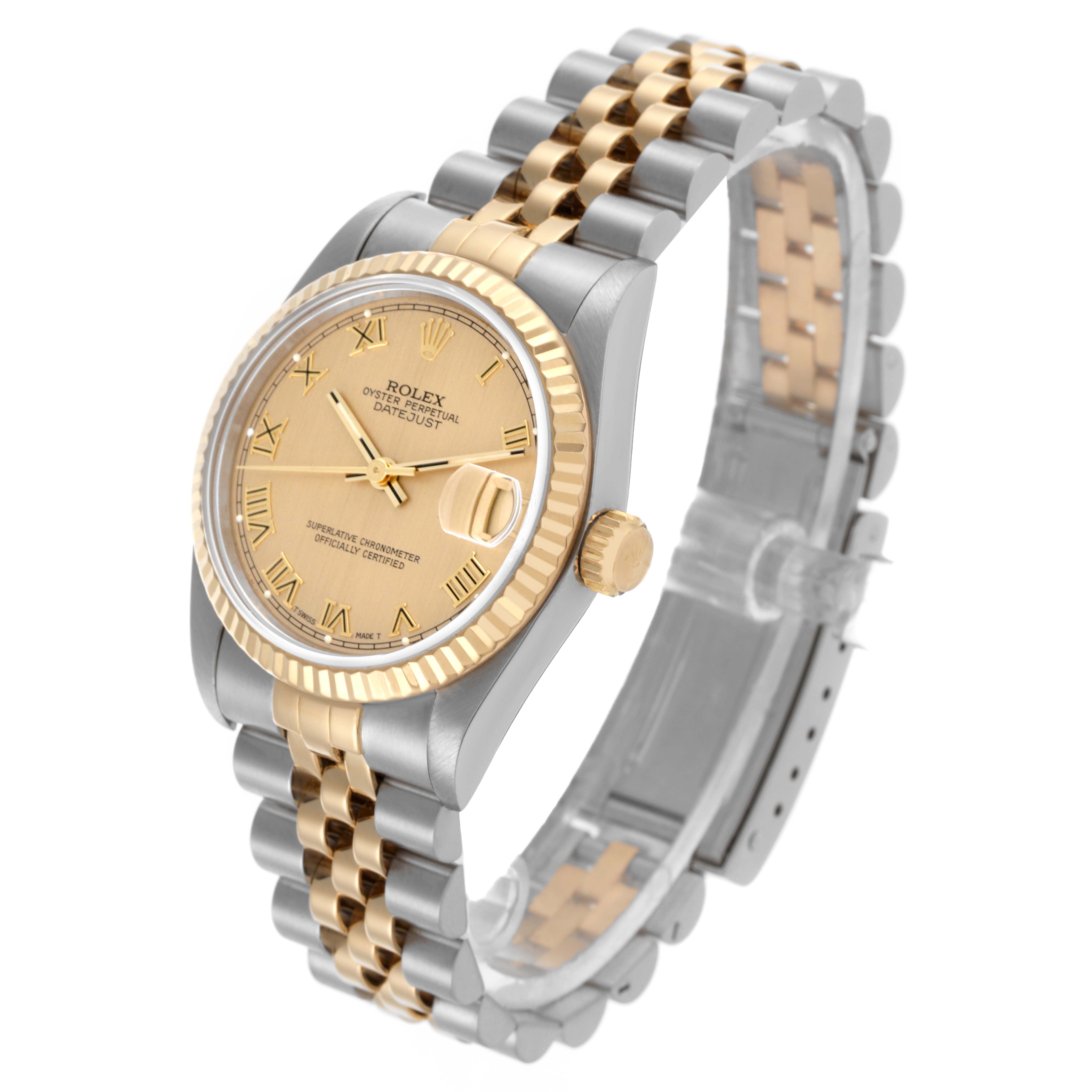 The Rolex Mid-Size 68273 Women's Steel and Gold (two tone) Champagne Dial 68273 Women's Steel and Gold (two tone) Champagne Dial watch is shown at an oblique angle, featuring its gold bezel, dial, and two-tone bracelet.