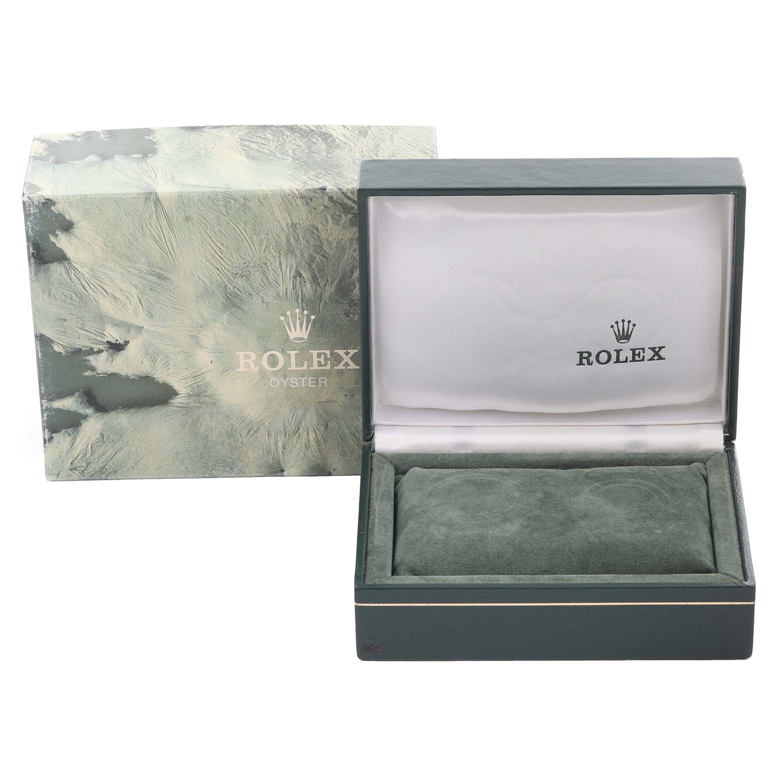 The image shows the open green box and cover of a Rolex Mid-Size 68273 Women's Steel and Gold (two tone) Champagne Dial 68273 Women's Steel and Gold (two tone) Champagne Dial watch, with "Rolex" branding visible.