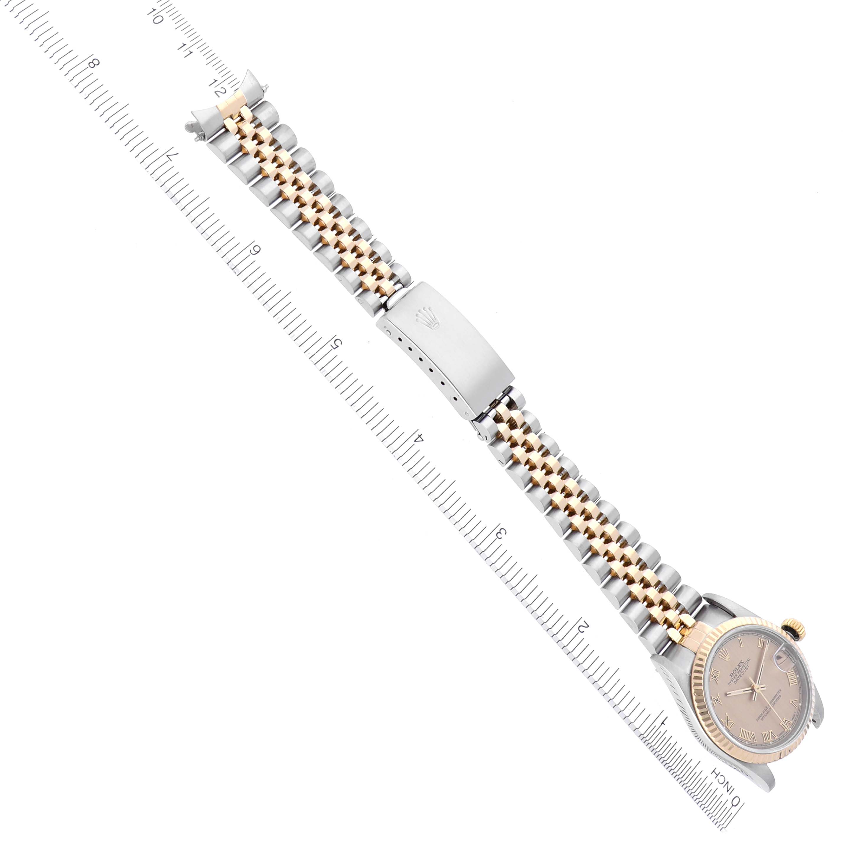 The Rolex Mid-Size 68273 Women's Steel and Gold (two tone) Champagne Dial 68273 Women's Steel and Gold (two tone) Champagne Dial watch is shown from an overhead angle, displaying the bracelet and clasp.