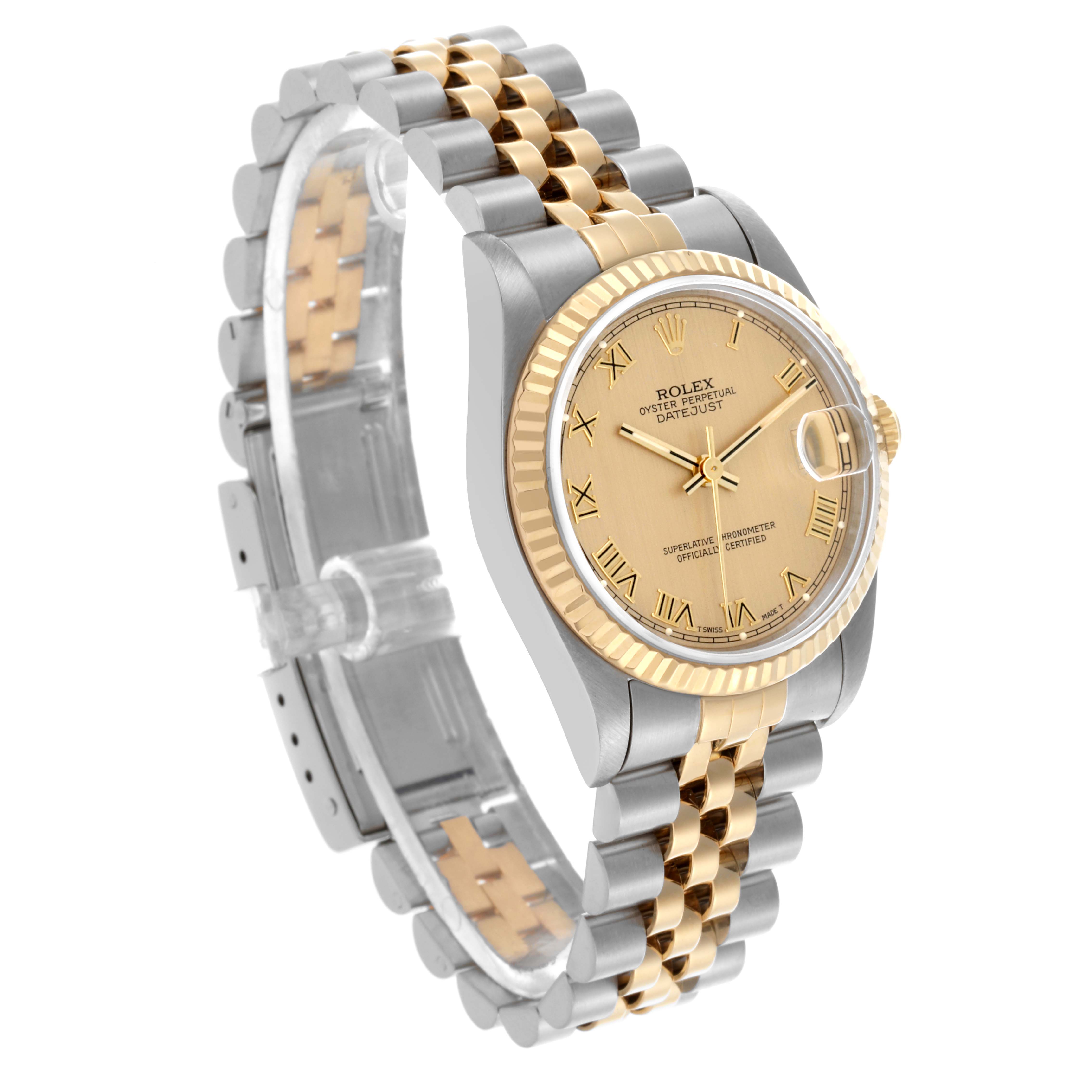 The Rolex Mid-Size 68273 Women's Steel and Gold (two tone) Champagne Dial 68273 Women's Steel and Gold (two tone) Champagne Dial watch is shown from a side angle, highlighting the face, fluted bezel, and Jubilee bracelet.