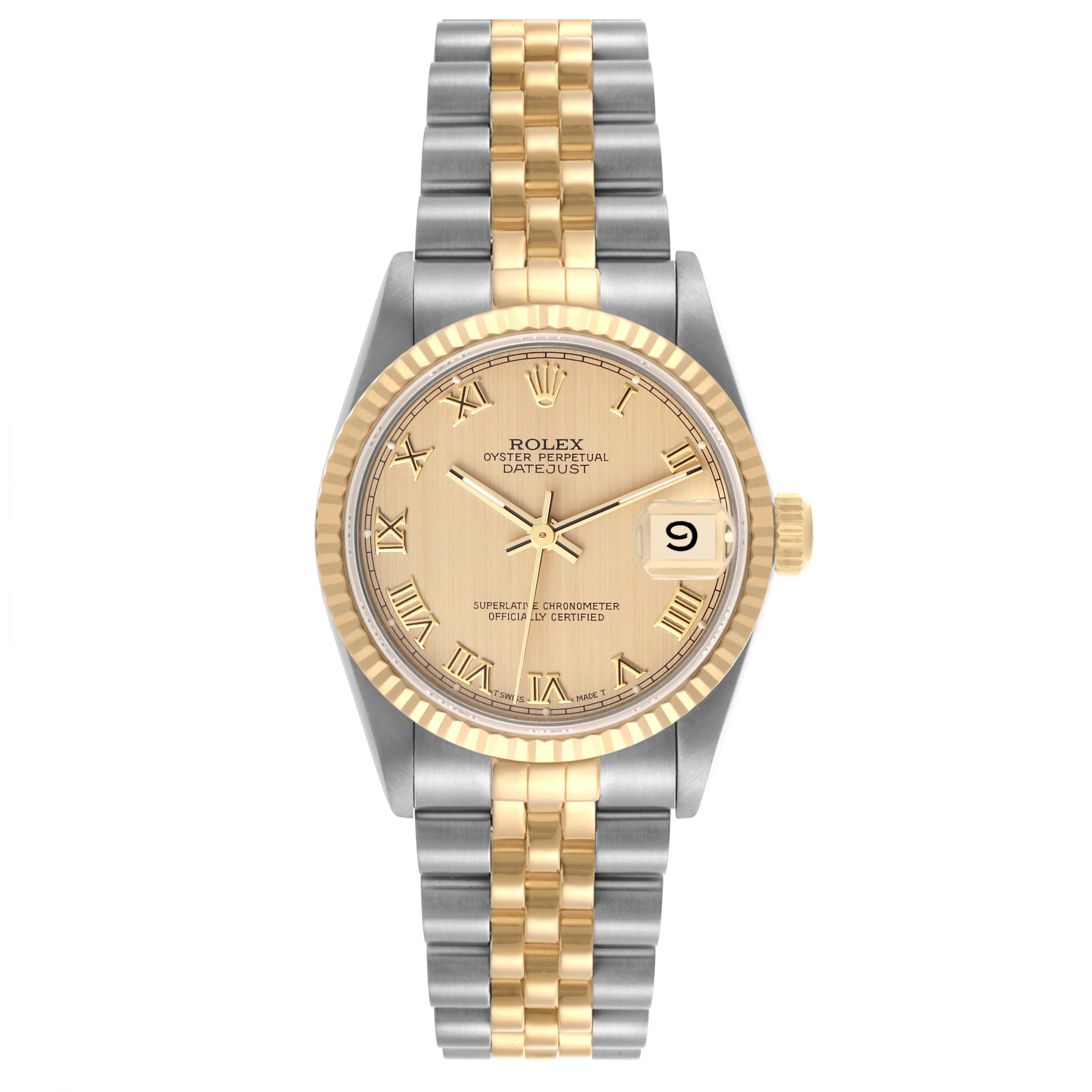 The Rolex Mid-Size 68273 Women's Steel and Gold (two tone) Champagne Dial 68273 Women's Steel and Gold (two tone) Champagne Dial watch is shown from the front, highlighting the dial, fluted bezel, and Jubilee bracelet.