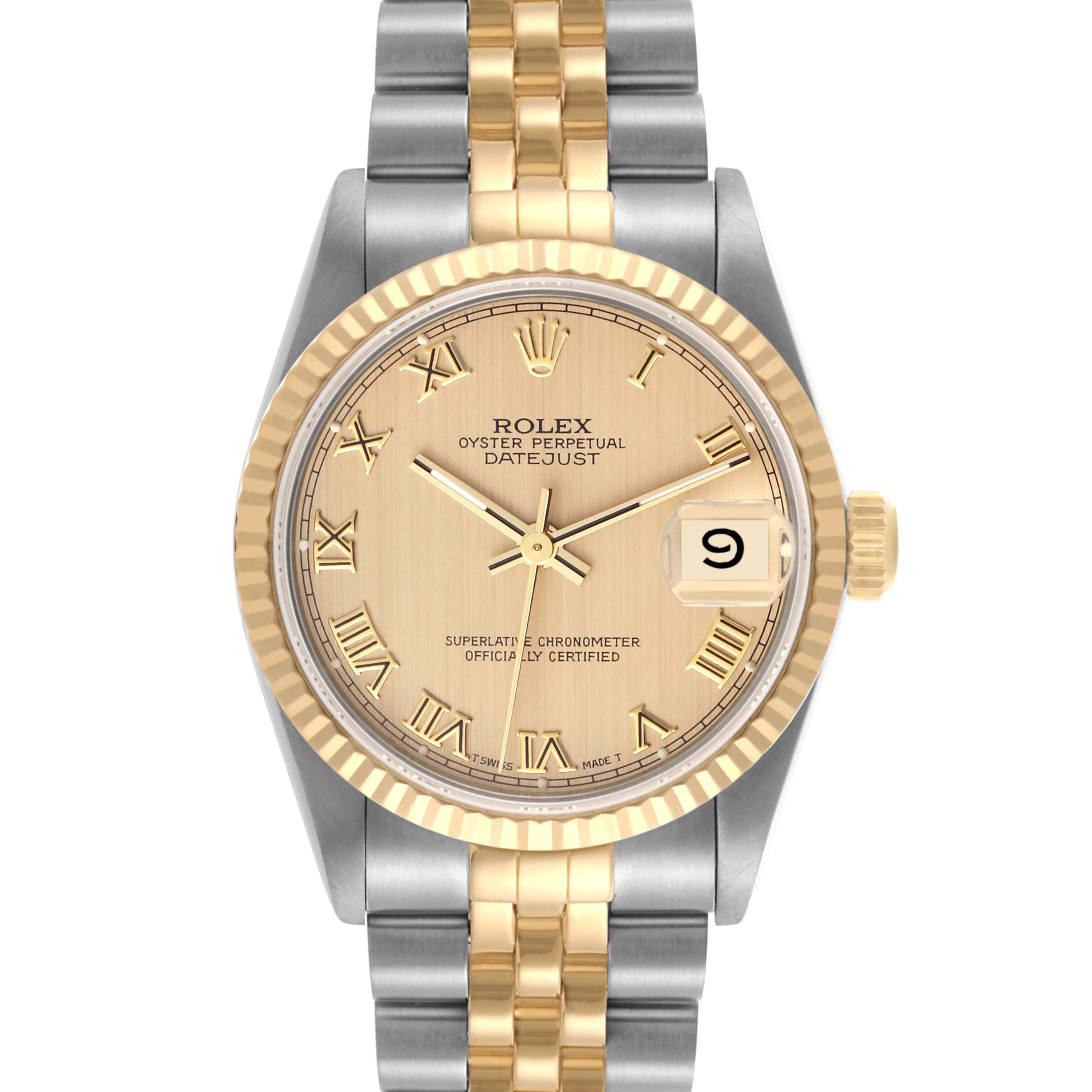 The Rolex Mid-Size 68273 Women's Steel and Gold (two tone) Champagne Dial 68273 Women's Steel and Gold (two tone) Champagne Dial watch is shown from the front, displaying the dial, date window, bezel, and the two-tone bracelet.