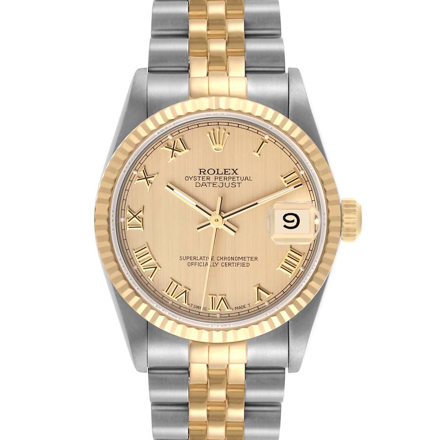 The Rolex Mid-Size watch is shown from the front, displaying the dial, date window, bezel, and the two-tone bracelet.