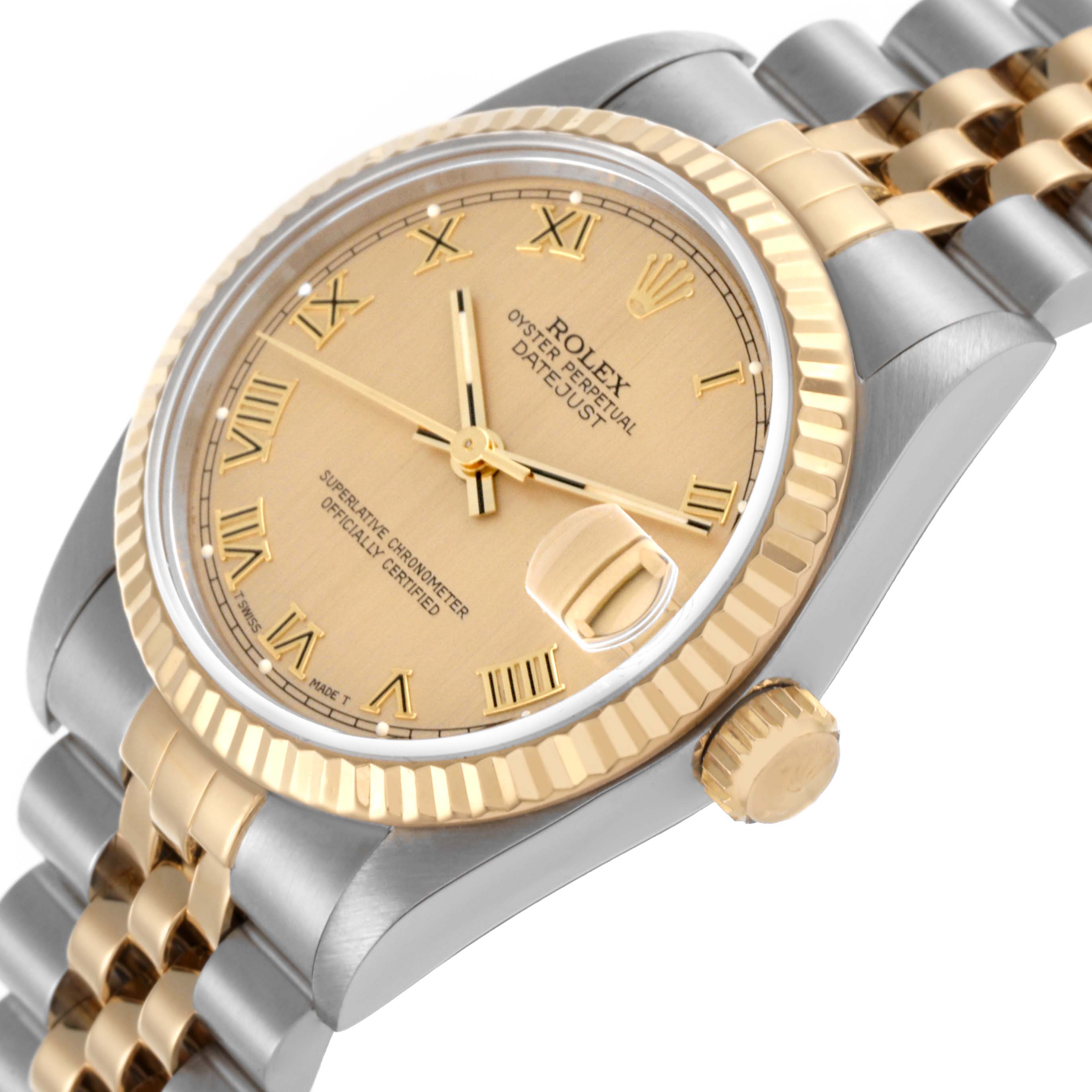 The Rolex Mid-Size 68273 Women's Steel and Gold (two tone) Champagne Dial 68273 Women's Steel and Gold (two tone) Champagne Dial watch is shown at a three-quarter angle, highlighting the dial, bezel, crown, and bracelet.