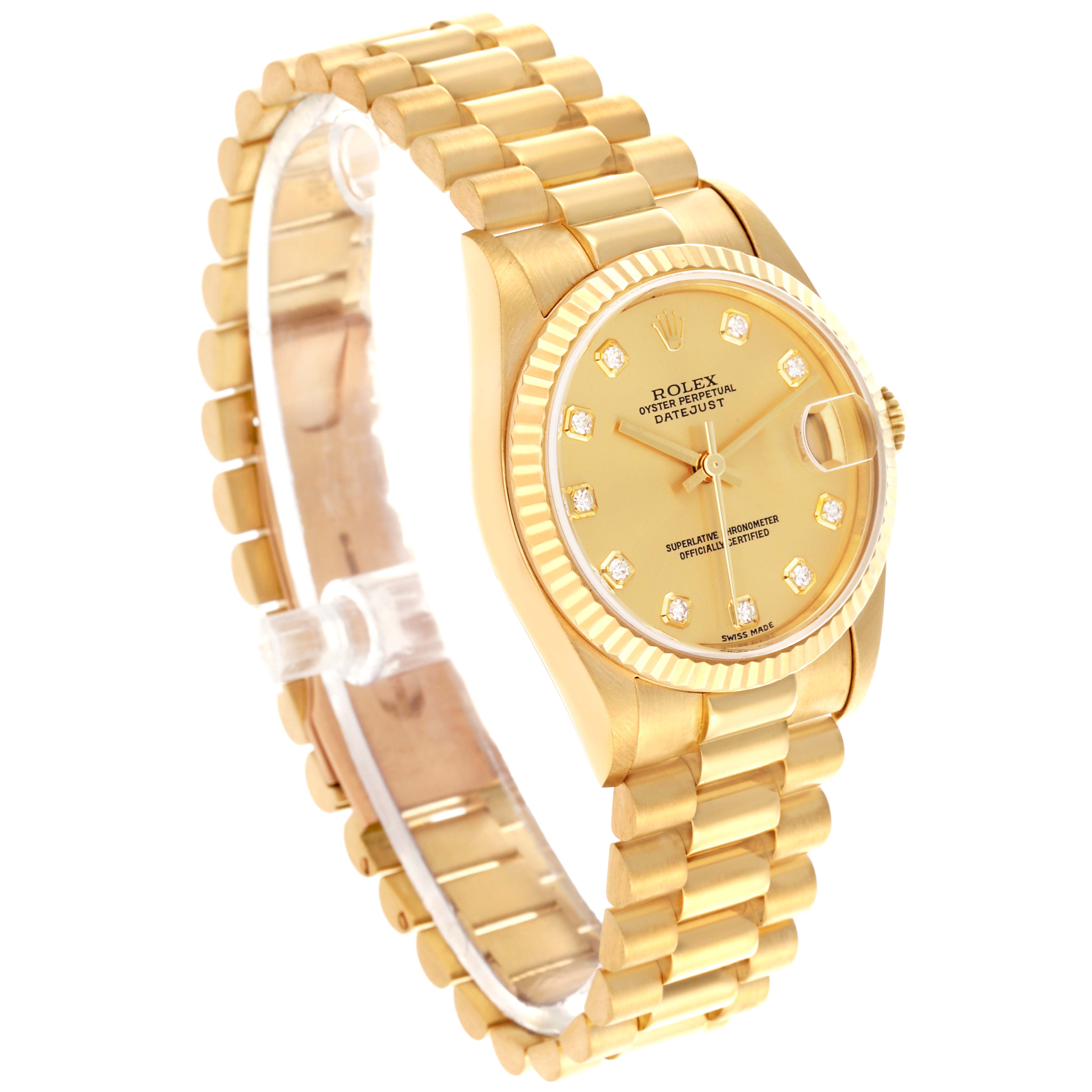 The Rolex President 78278 Women's Yellow Gold Champagne Dial 78278 Women's Yellow Gold Champagne Dial watch is shown from a side angle, highlighting the bracelet, bezel, and face.