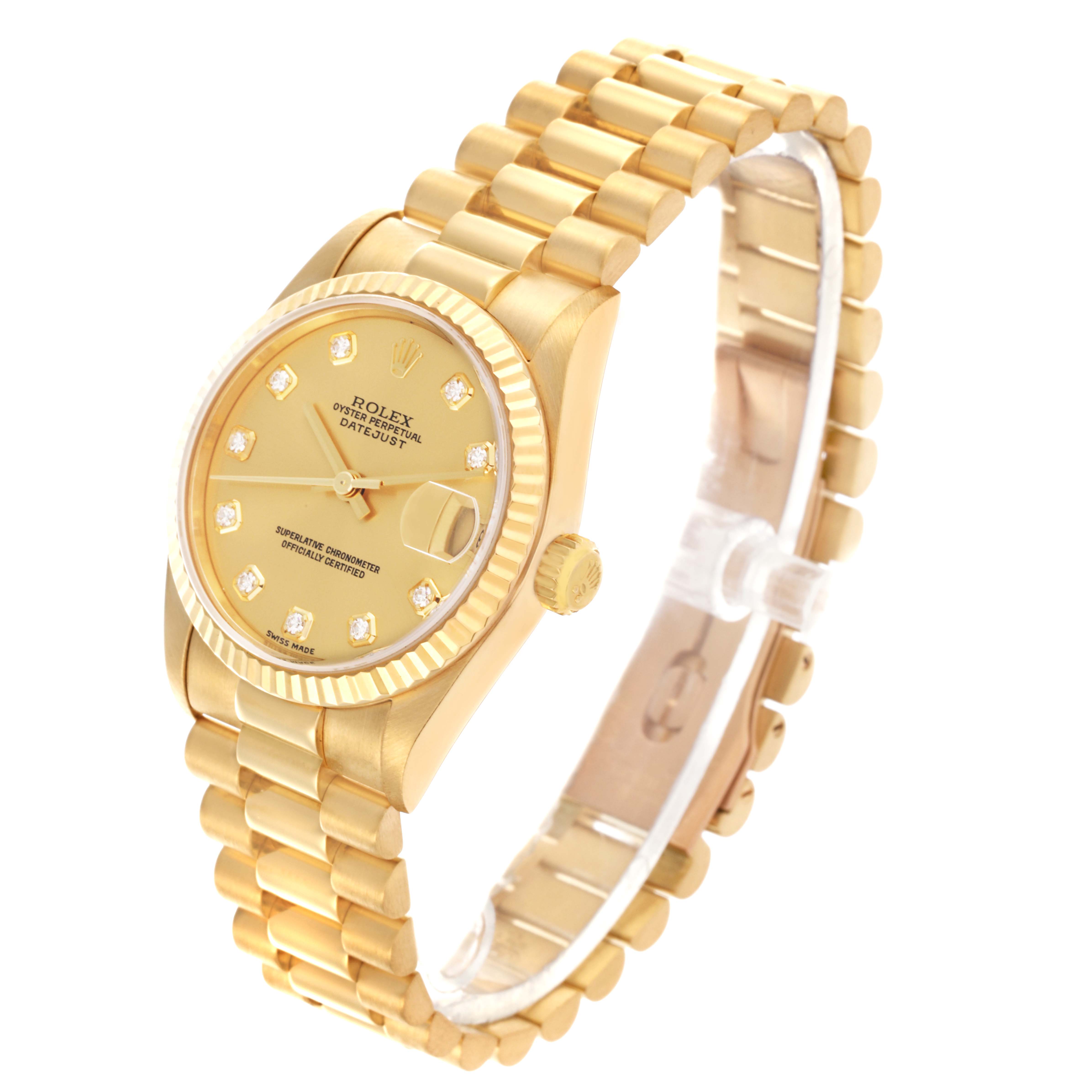 The Rolex President 78278 Women's Yellow Gold Champagne Dial 78278 Women's Yellow Gold Champagne Dial watch is shown at a three-quarter angle, highlighting the dial, bezel, crown, and bracelet.