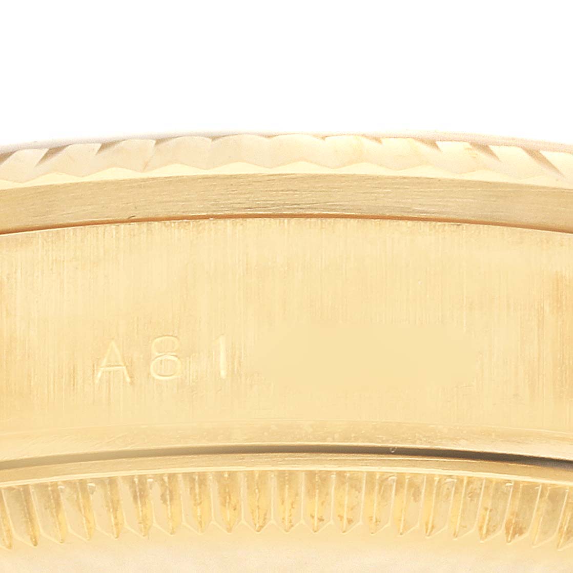 The image shows a close-up side view of the Rolex President 78278 Women's Yellow Gold Champagne Dial 78278 Women's Yellow Gold Champagne Dial model case, focusing on the gold material and edge details.