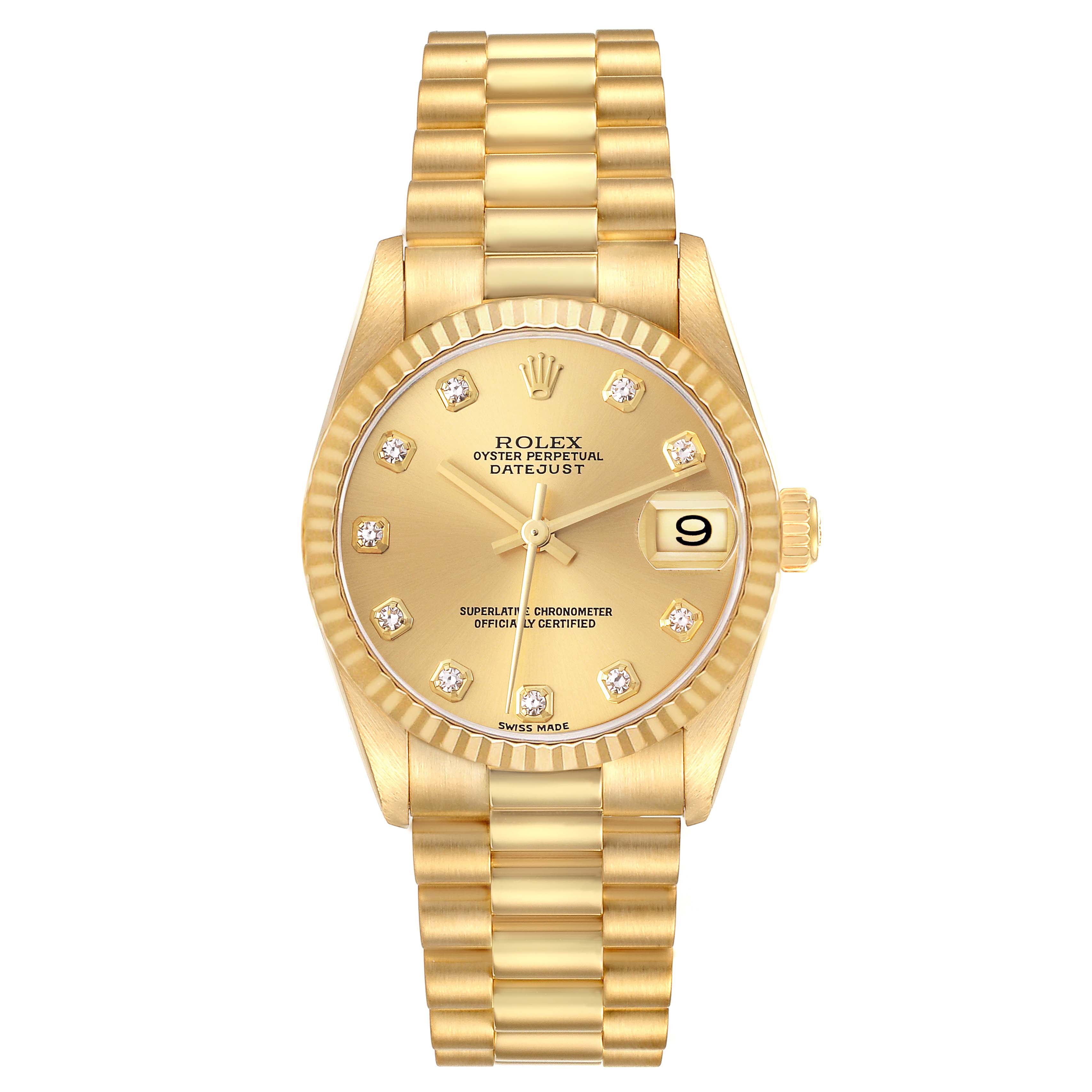 The Rolex President 78278 Women's Yellow Gold Champagne Dial 78278 Women's Yellow Gold Champagne Dial model is shown from a top-down angle, highlighting its gold bracelet, dial with diamond markers, and date feature.