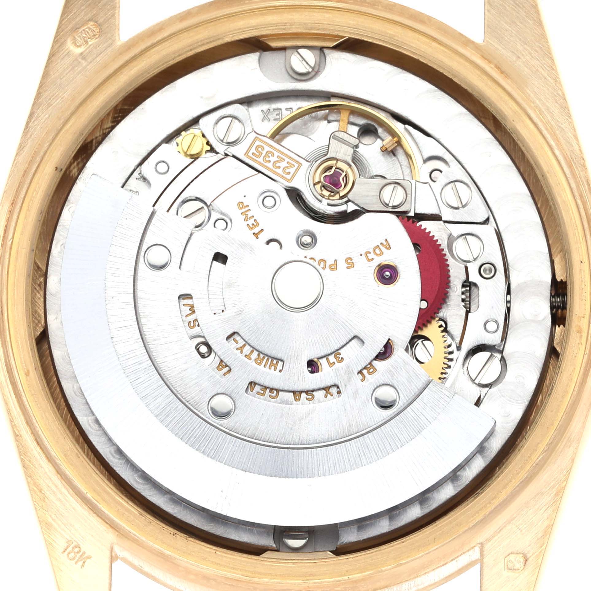 The image shows the internal movement mechanism of a Rolex President 78278 Women's Yellow Gold Champagne Dial 78278 Women's Yellow Gold Champagne Dial watch from a top-down angle.