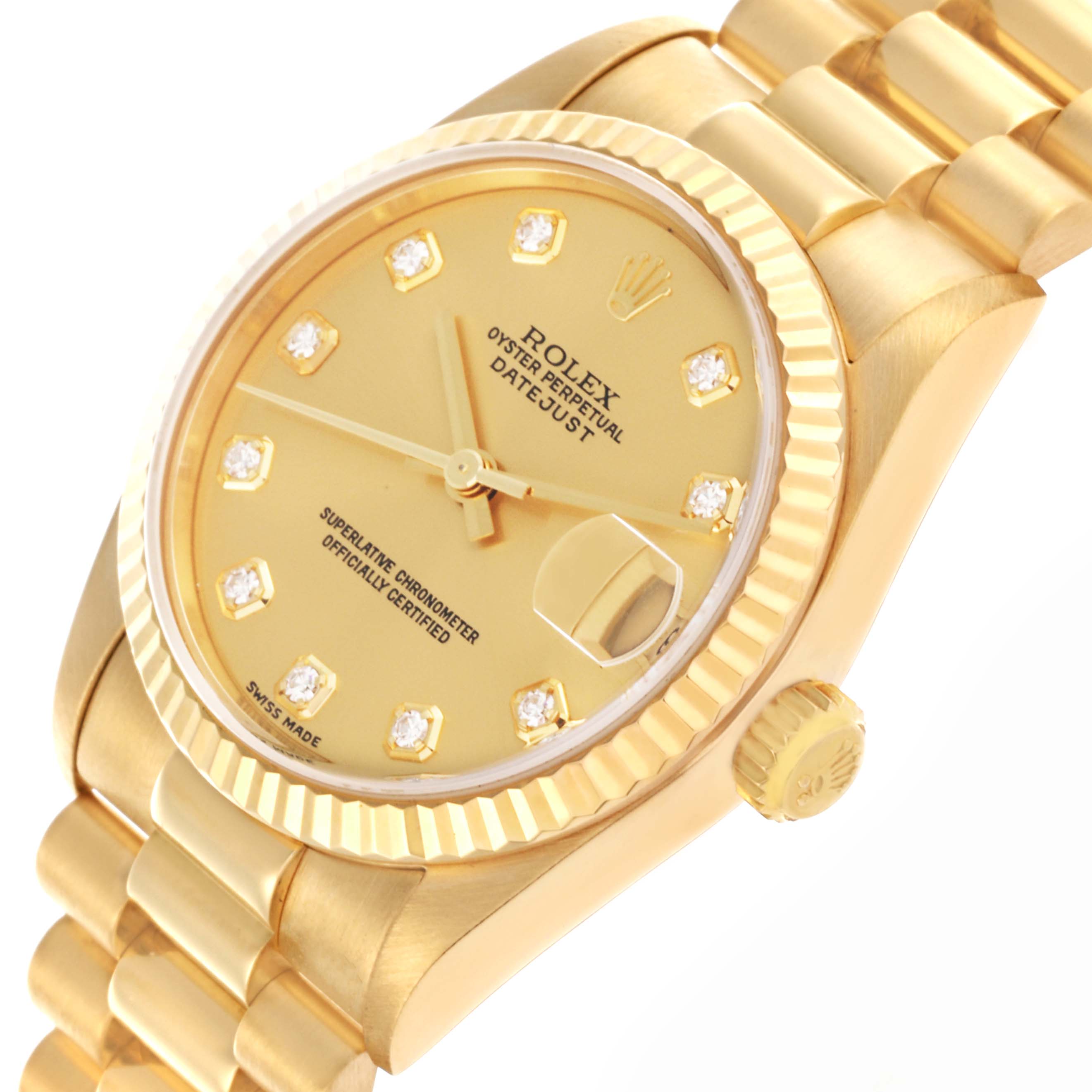The Rolex President 78278 Women's Yellow Gold Champagne Dial 78278 Women's Yellow Gold Champagne Dial watch is shown at an angle highlighting the face, crown, and part of the band.