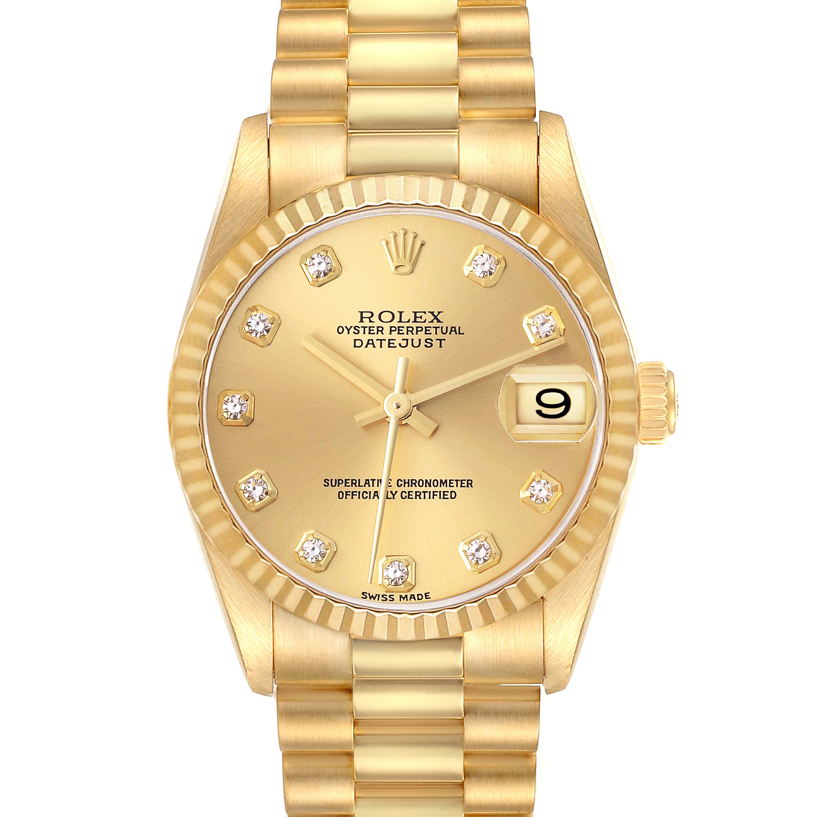The Rolex President 78278 Women's Yellow Gold Champagne Dial 78278 Women's Yellow Gold Champagne Dial model is shown from the front, displaying its gold dial, diamond hour markers, fluted bezel, and bracelet.
