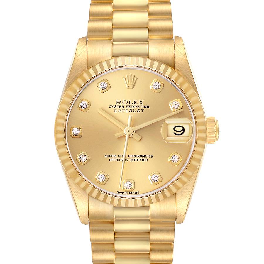 The Rolex President model is shown from the front, displaying its gold dial, diamond hour markers, fluted bezel, and bracelet.