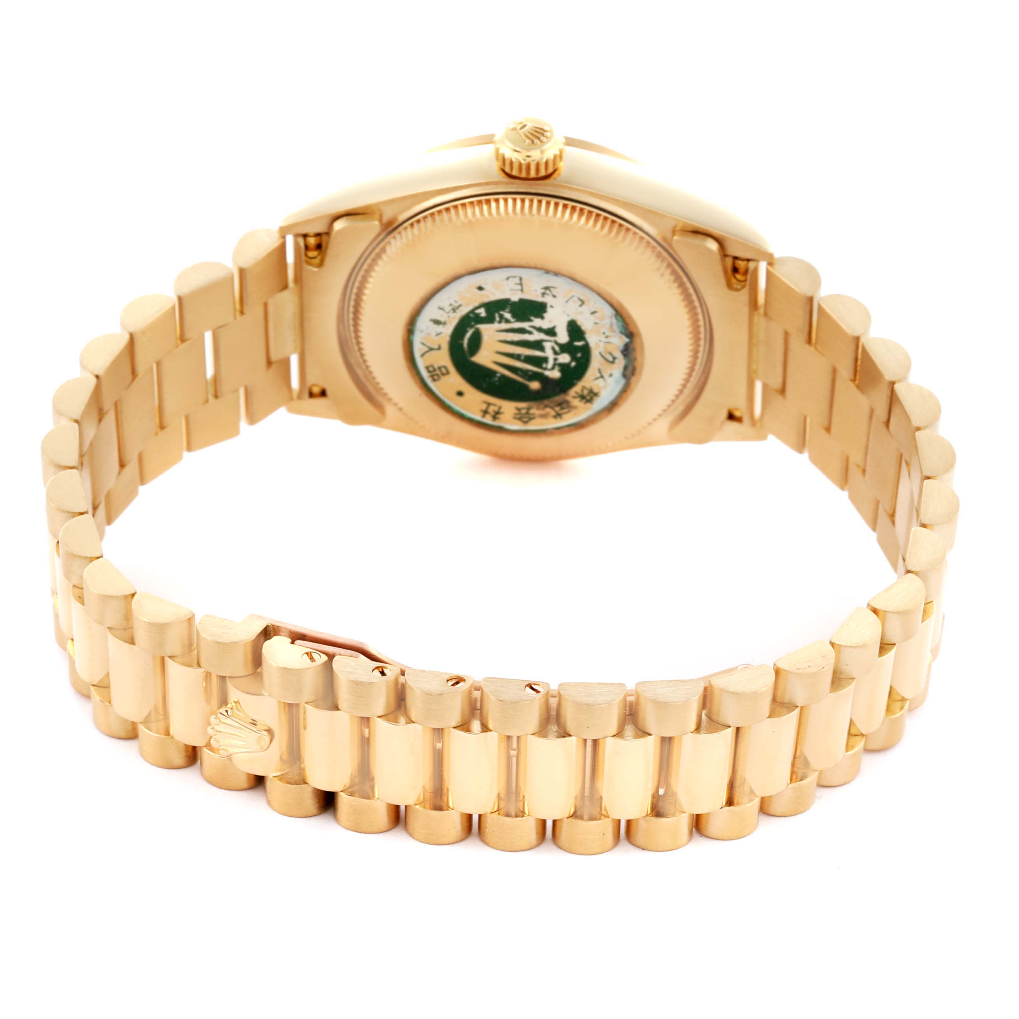 The image shows the back of the Rolex President 78278 Women's Yellow Gold Champagne Dial 78278 Women's Yellow Gold Champagne Dial watch, highlighting the case back and bracelet clasp from a rear angle.