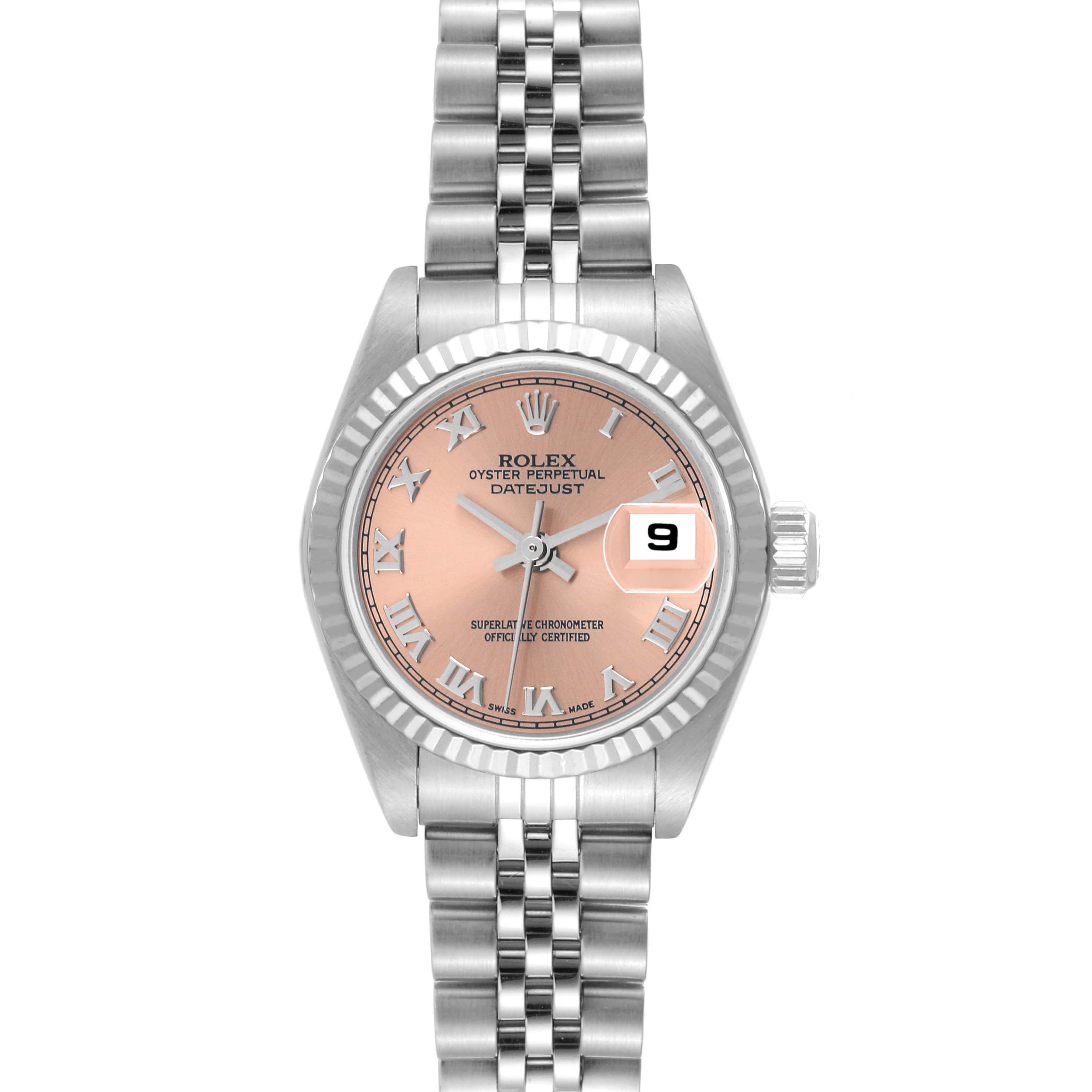 This Rolex Datejust 79174 Women's Stainless Steel Pink Dial 79174 Women's Stainless Steel Pink Dial watch is shown from a top-down angle, displaying its face, case, and bracelet.